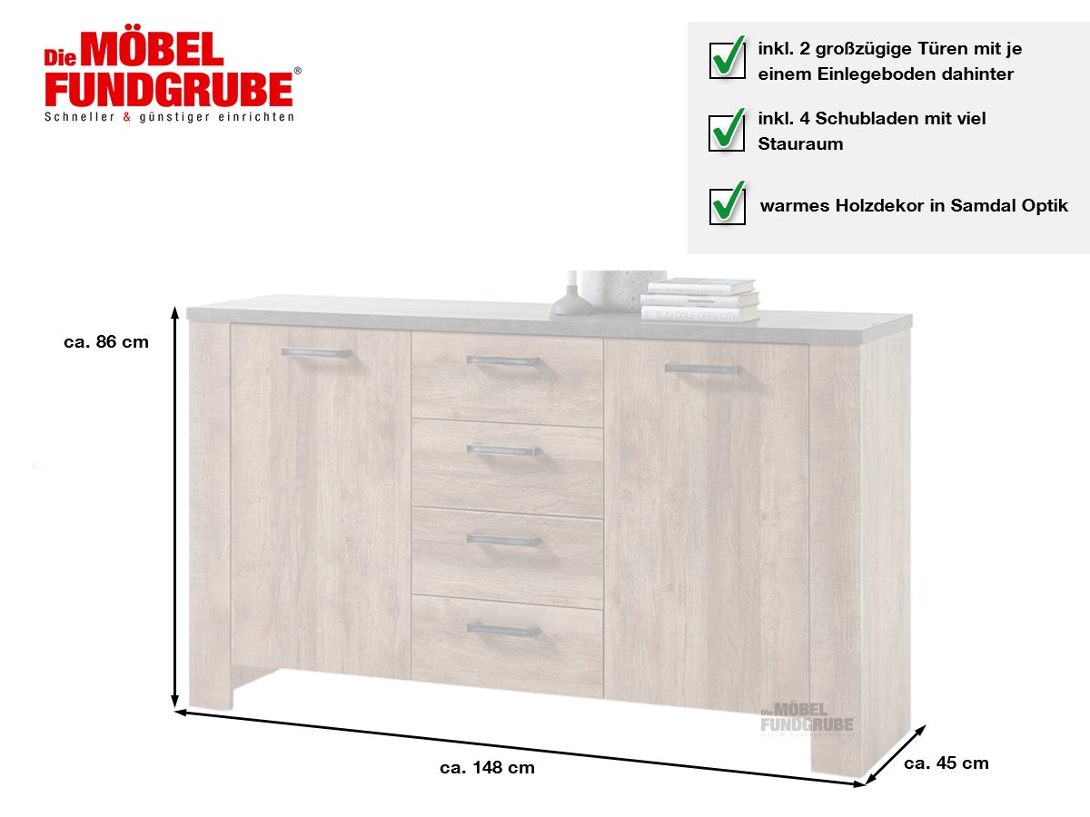 Sideboard mit 4 Schubladen Samdal - anthrazit 148 cm - EDMONTON