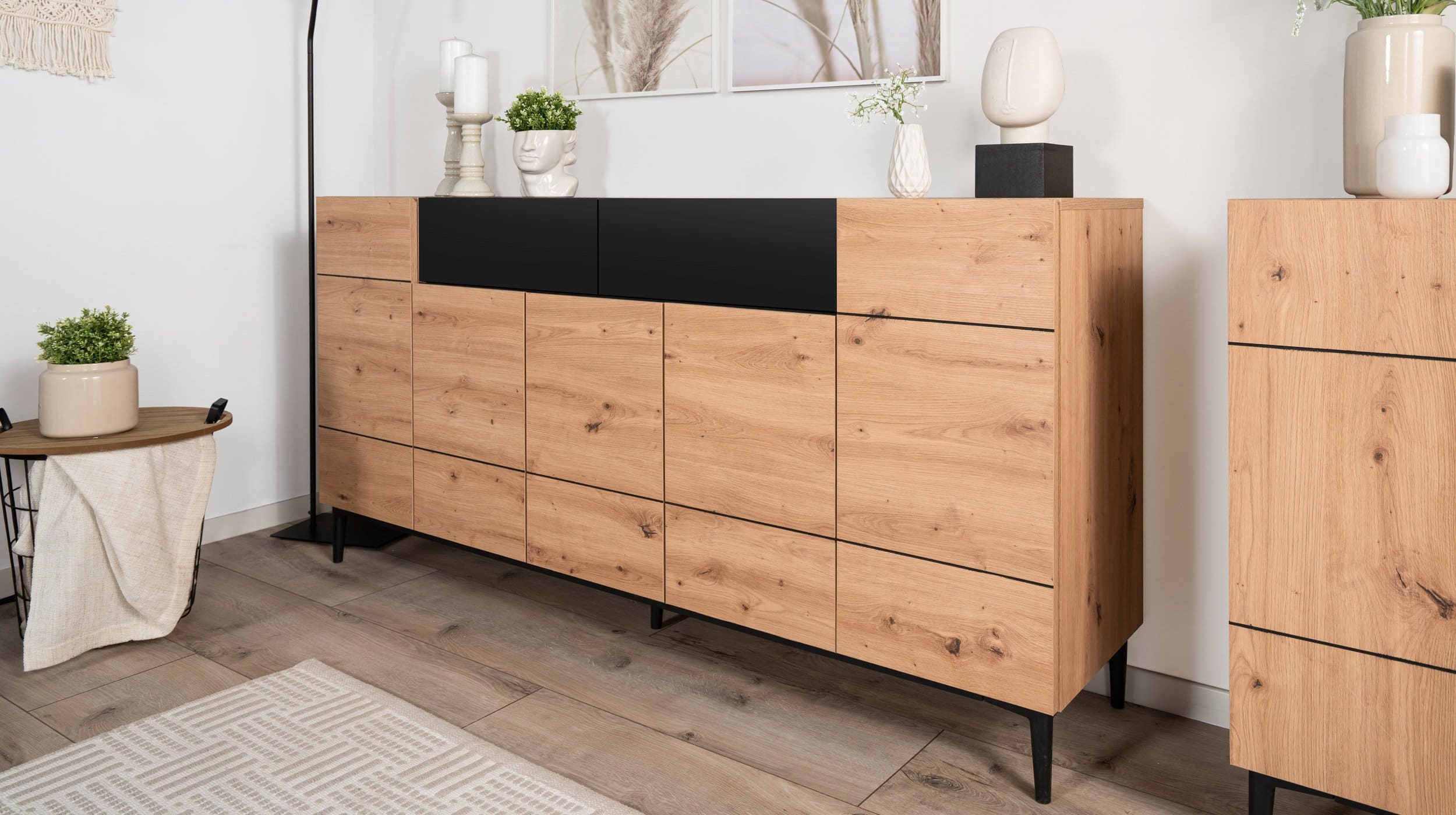 Sideboard Artisan Eiche - schwarz 180 cm 5-türig - NOLA