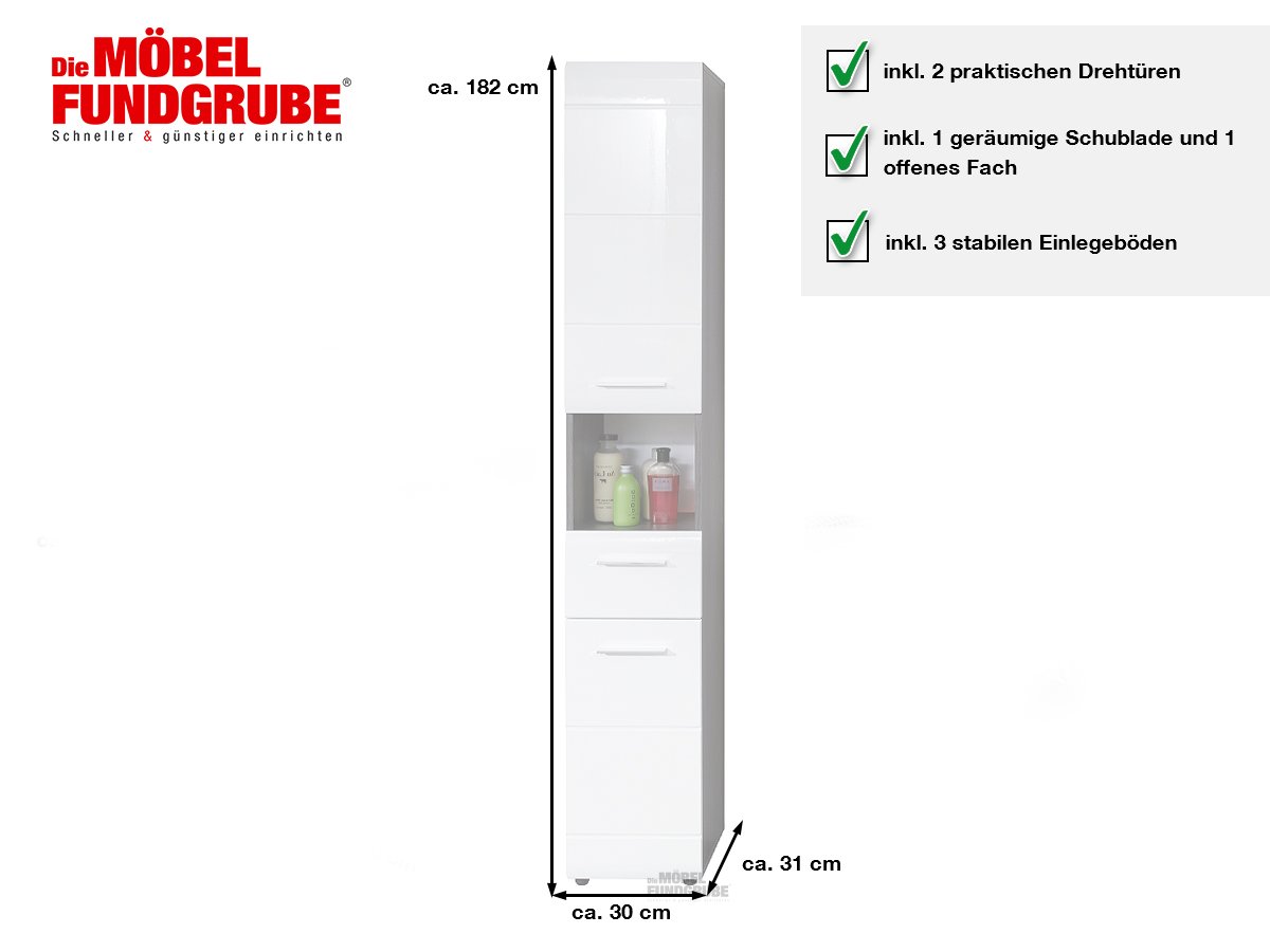 Bad Hochschrank Rauchsilber - weiß 2 Türen Breite 30 cm - LINE