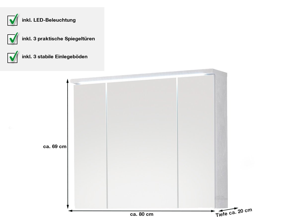 Spiegelschrank Betonoptik 80 cm mit Beleuchtung - POOL
