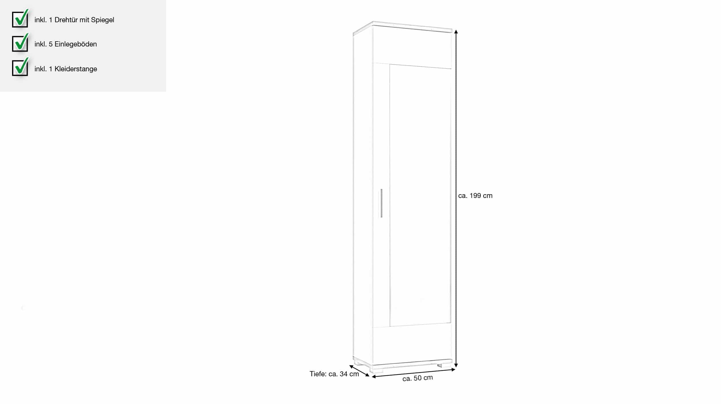 Garderobenschrank alpinweiß  - Wotan Eiche 199 cm - HOLA