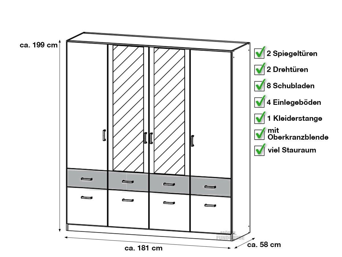 Kleiderschrank Spiegel 181 cm Betonoptik - BREMEN-EXTRA