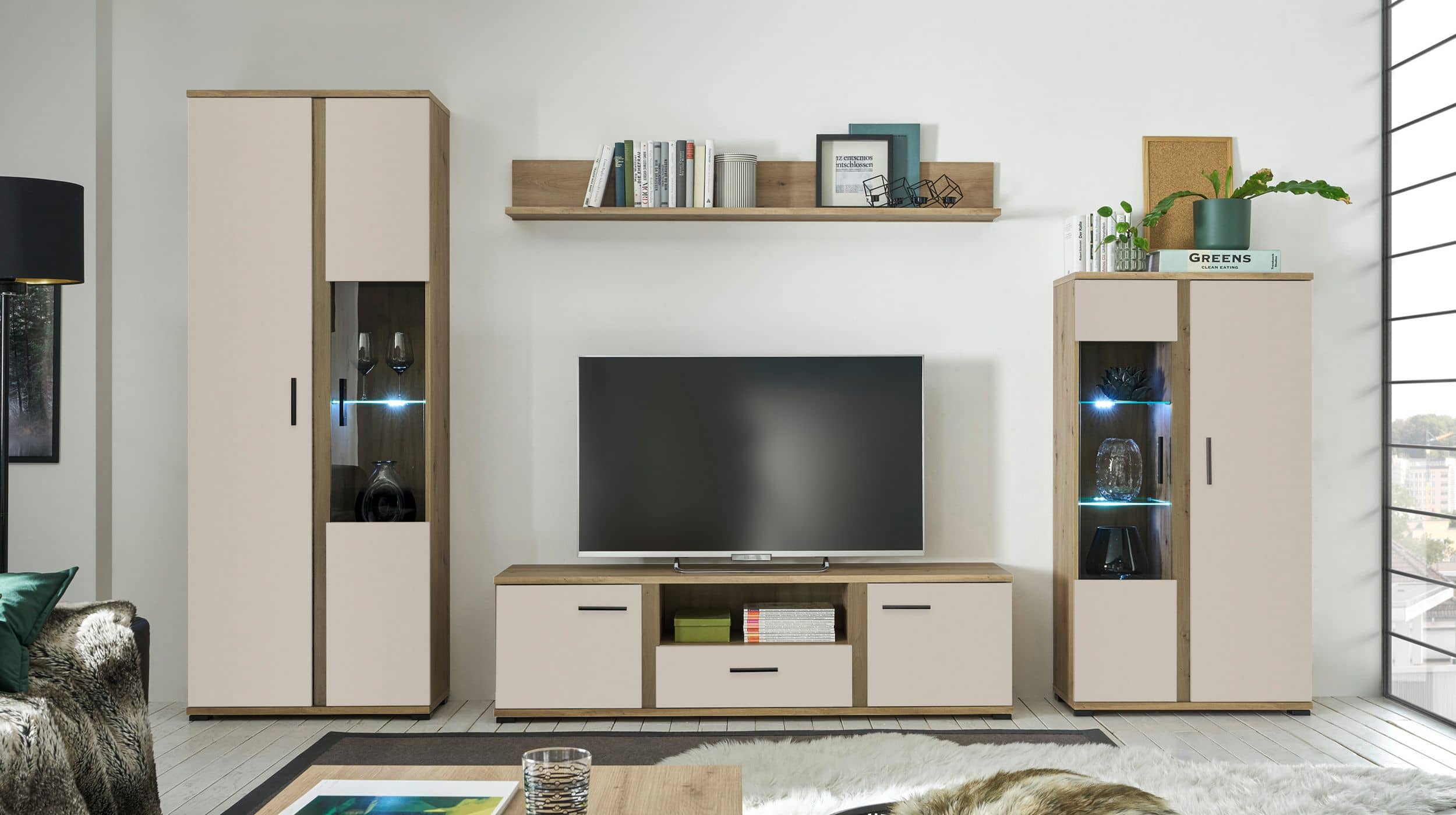 Wohnwand beige - Artisan Eiche 340 cm LED-Beleuchtung - KANADA