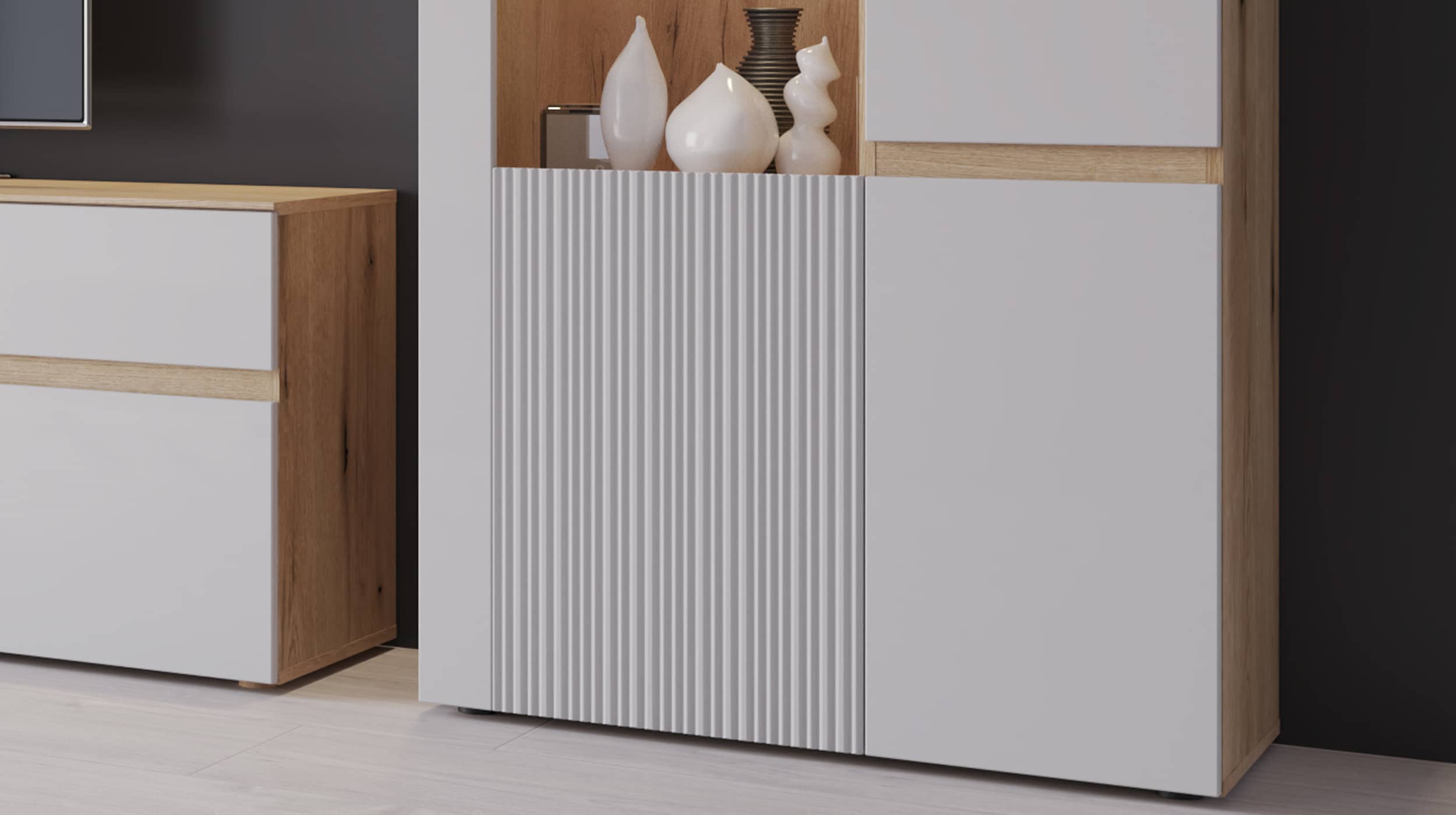 Vitrine mit Glastür grau - Coast Evoke Eiche 152 cm - MANILLA