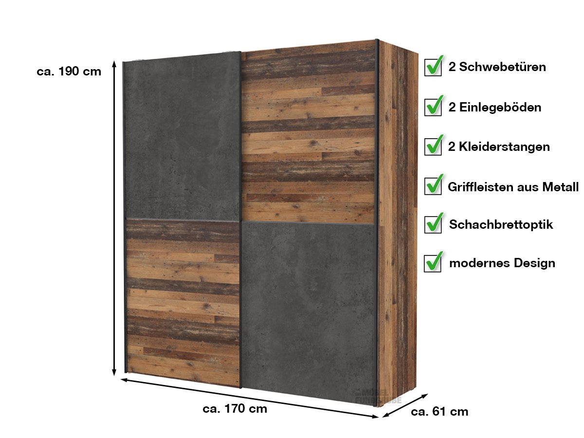 Schwebetürenschrank Old Wood - grau 170 cm - DEDERIK