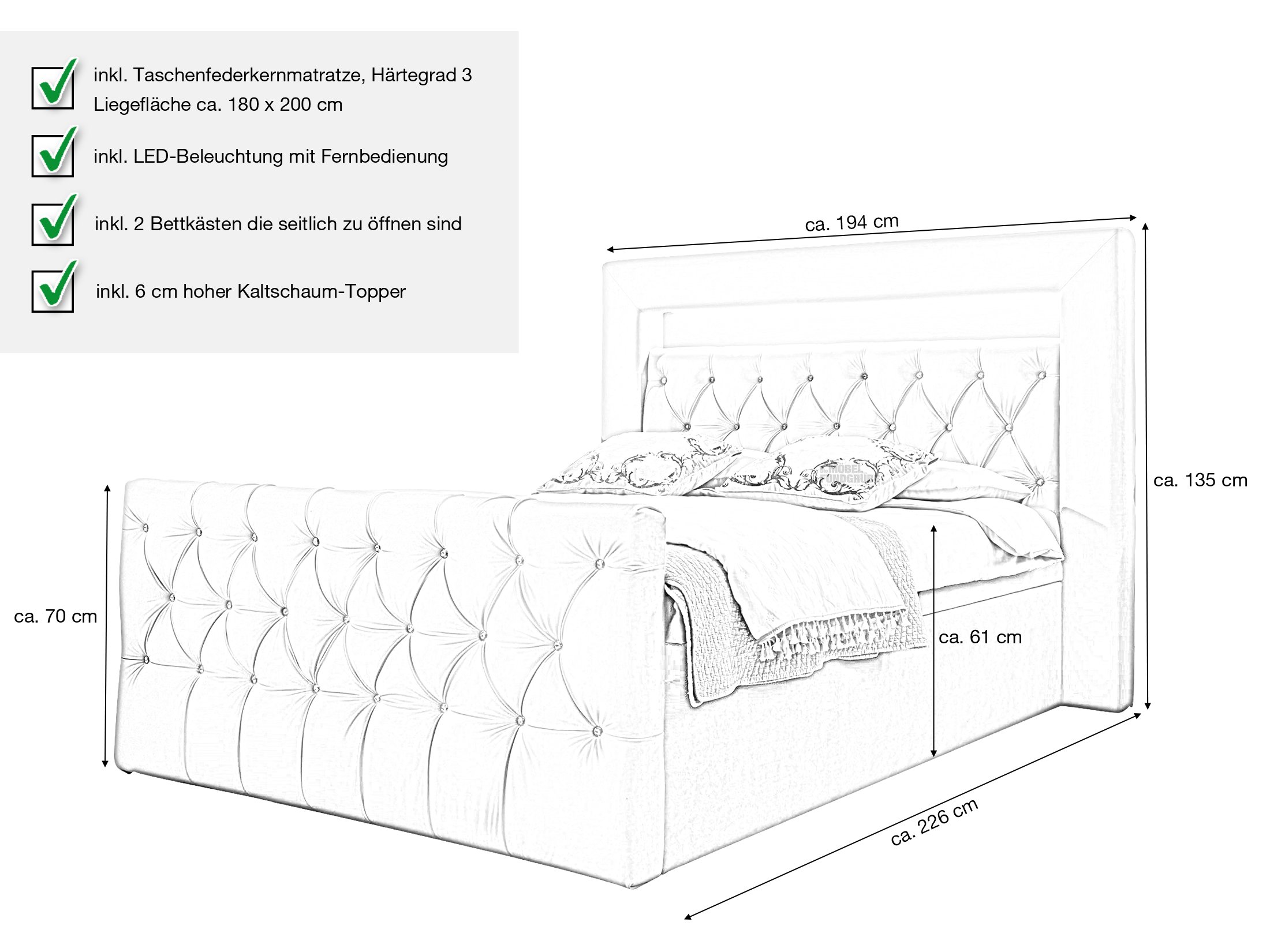 Boxbett 180 x 200 cm grau mit Beleuchtung - SINGAPUR LUX