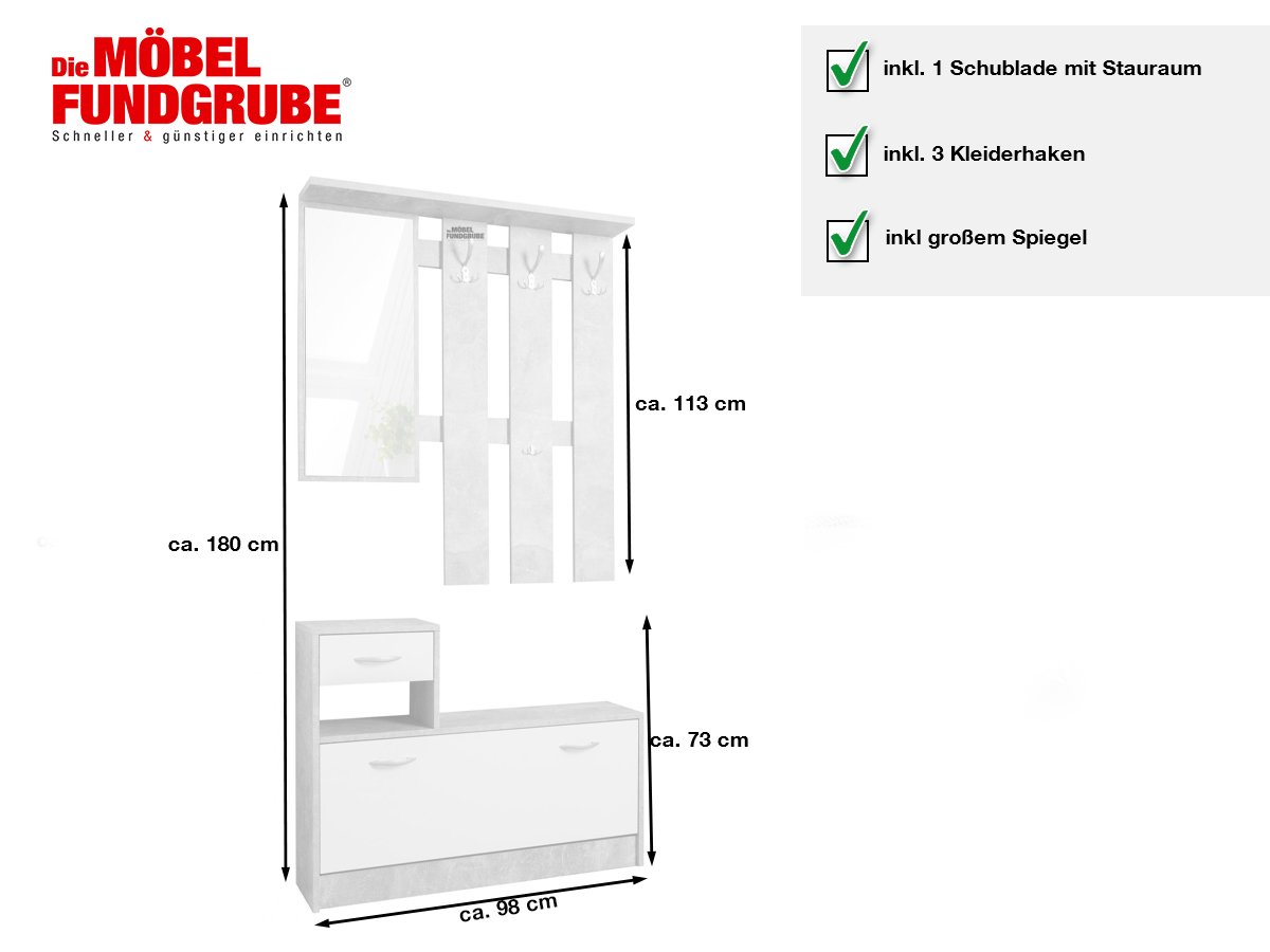 Garderoben Set 2-teilig Betonoptik - weiß 98 cm - RUDOLF