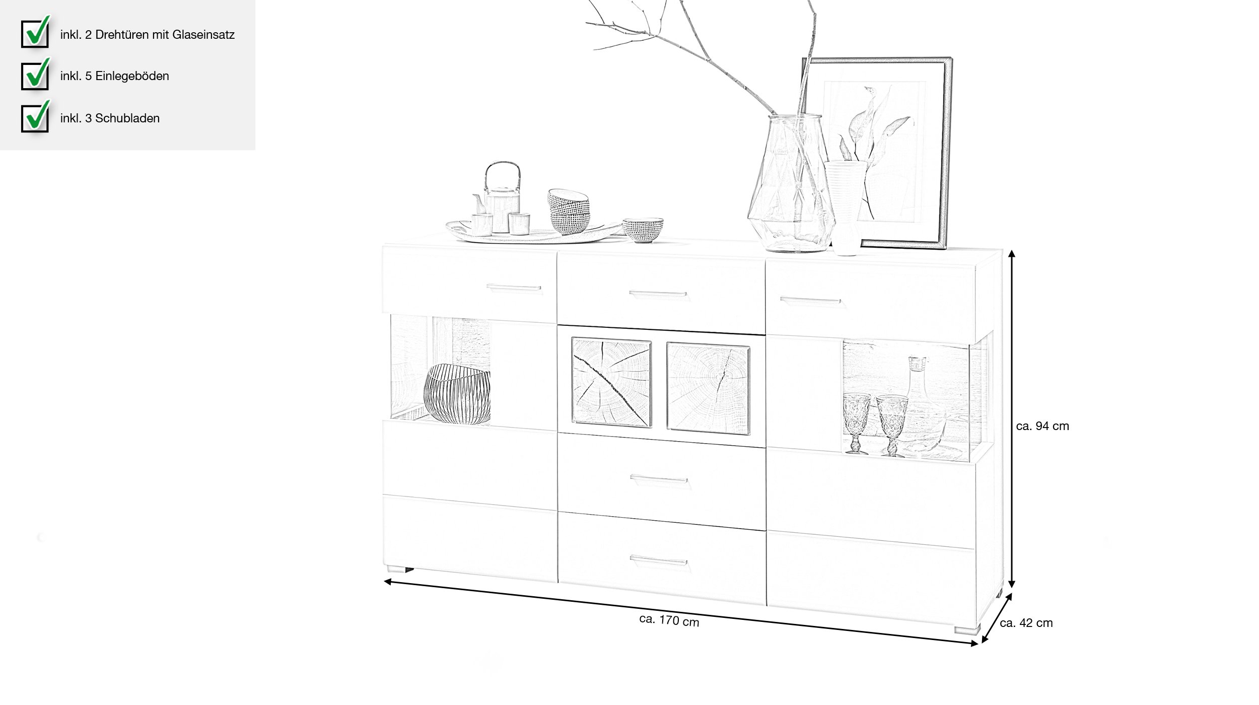 Sideboard weiß Hirnholzoptik 2-türig - 170 cm - FUN PLUS
