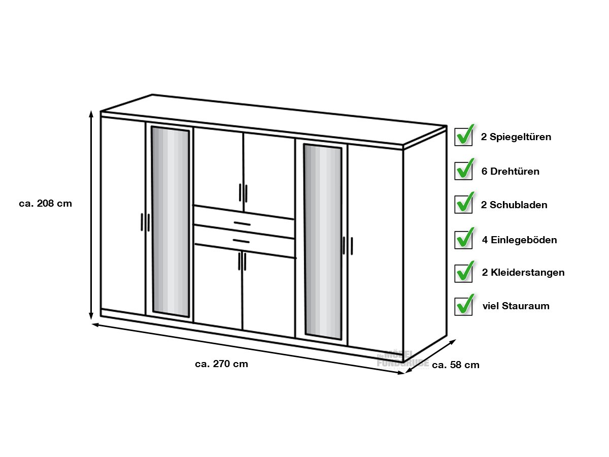 Kleiderschrank Spiegel 270 cm weiß - Plankeneiche - DIVER