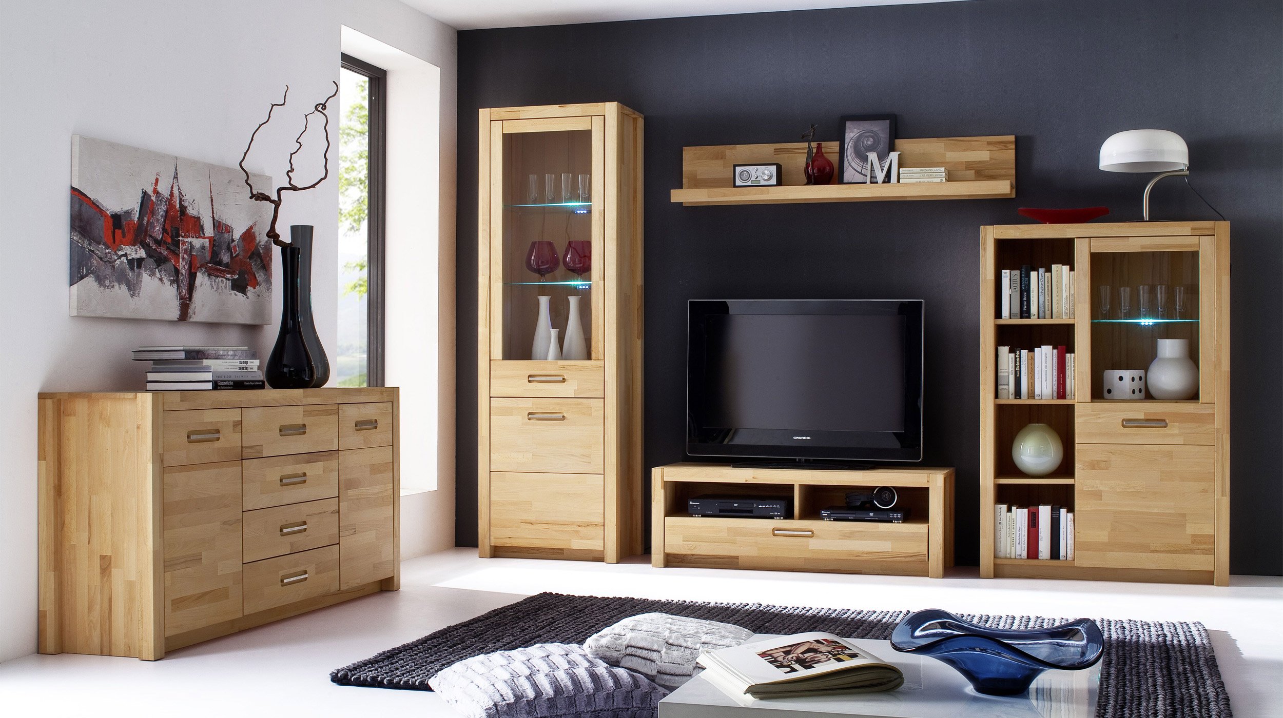 Highboard mit 1 Glastür Kernbuche massiv 98 cm - FENJA