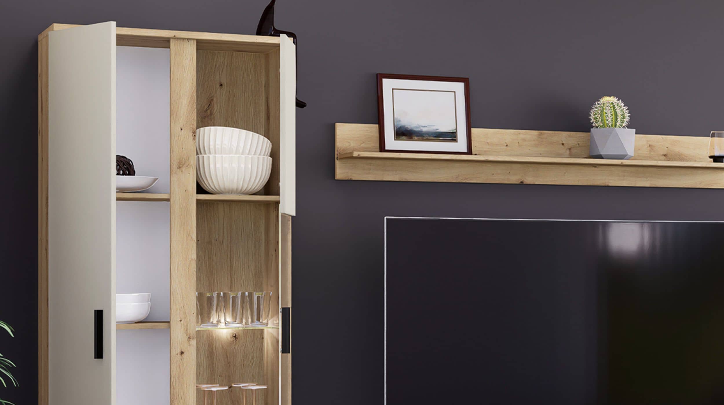 Wohnwand beige - Artisan Eiche 340 cm LED-Beleuchtung - KANADA