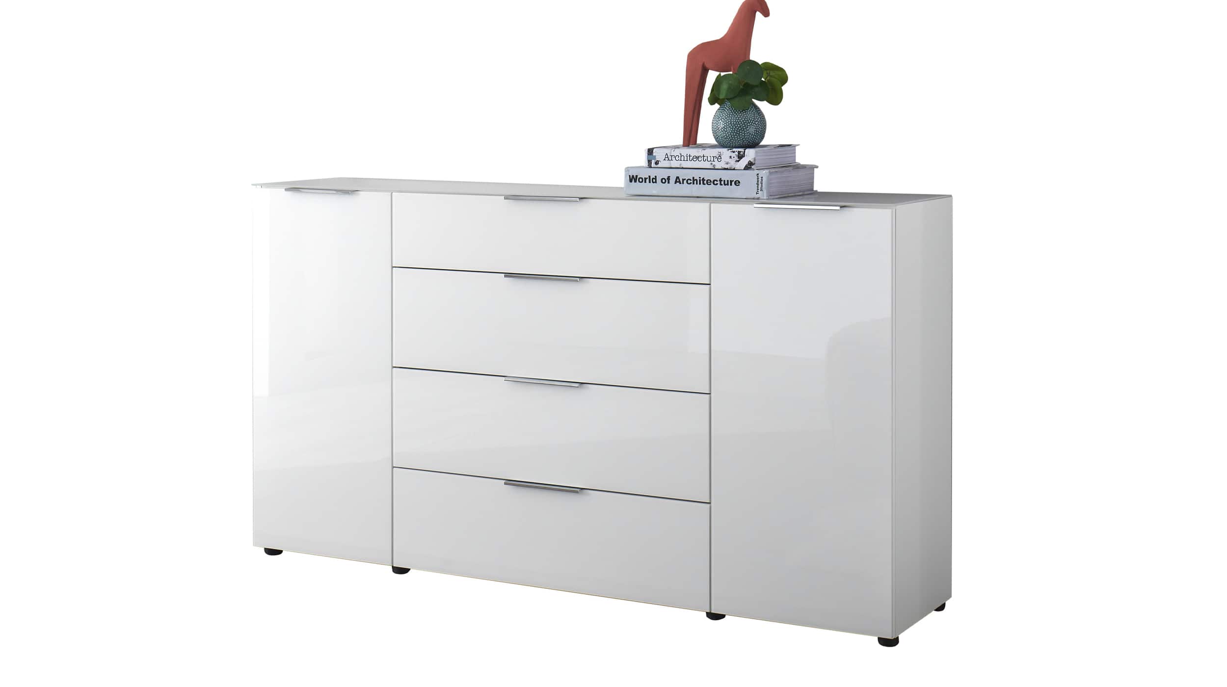 Sideboard 4 Schubladen - weiß - Glasfront - 180 cm - SANTORIN Sideboard mit 4 Schubladen - weiß Glas 180 cm - SANTORIN