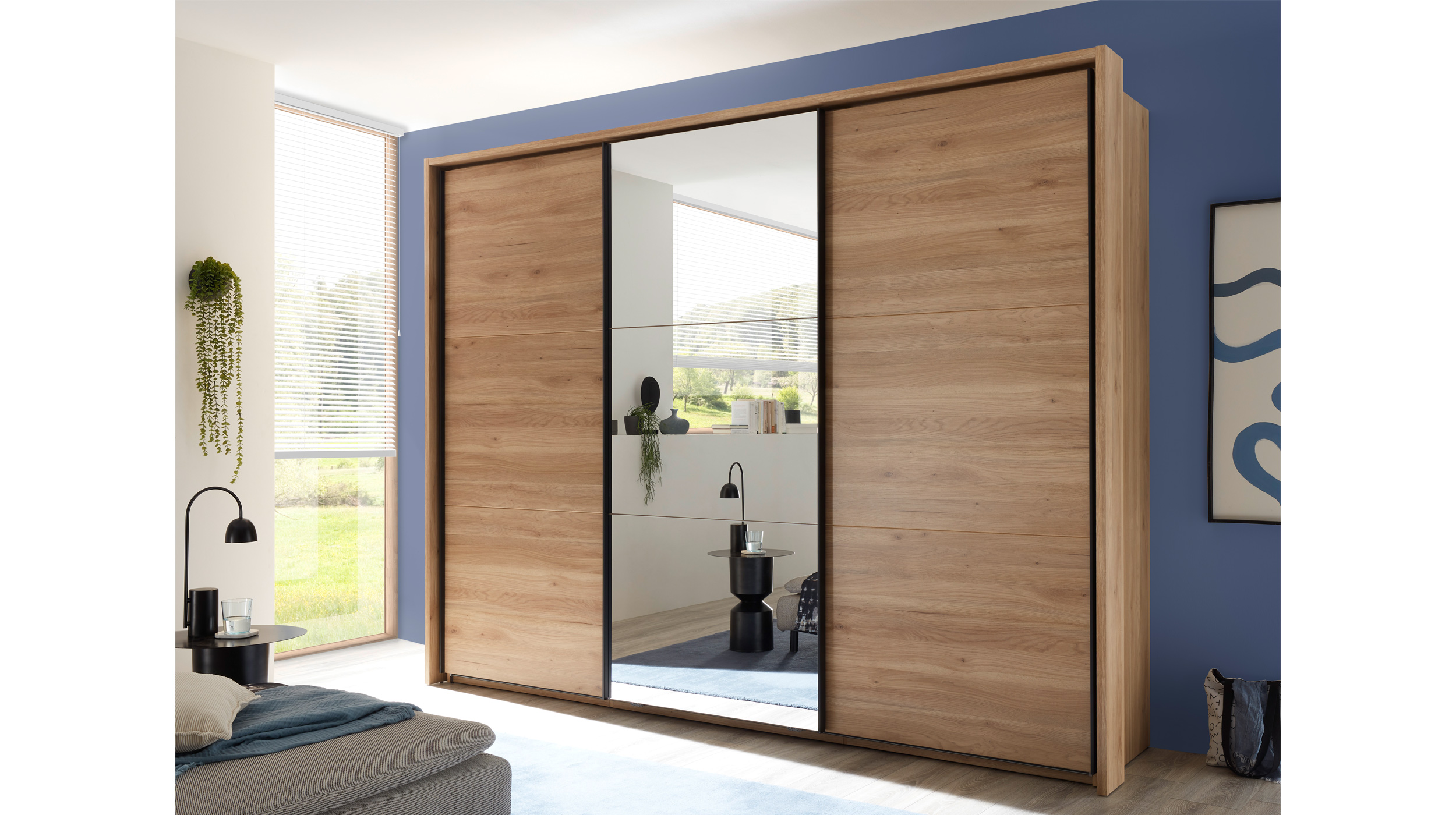 Schwebetürenschrank mit Spiegel 280 cm Eiche - graphit - ASCHAU