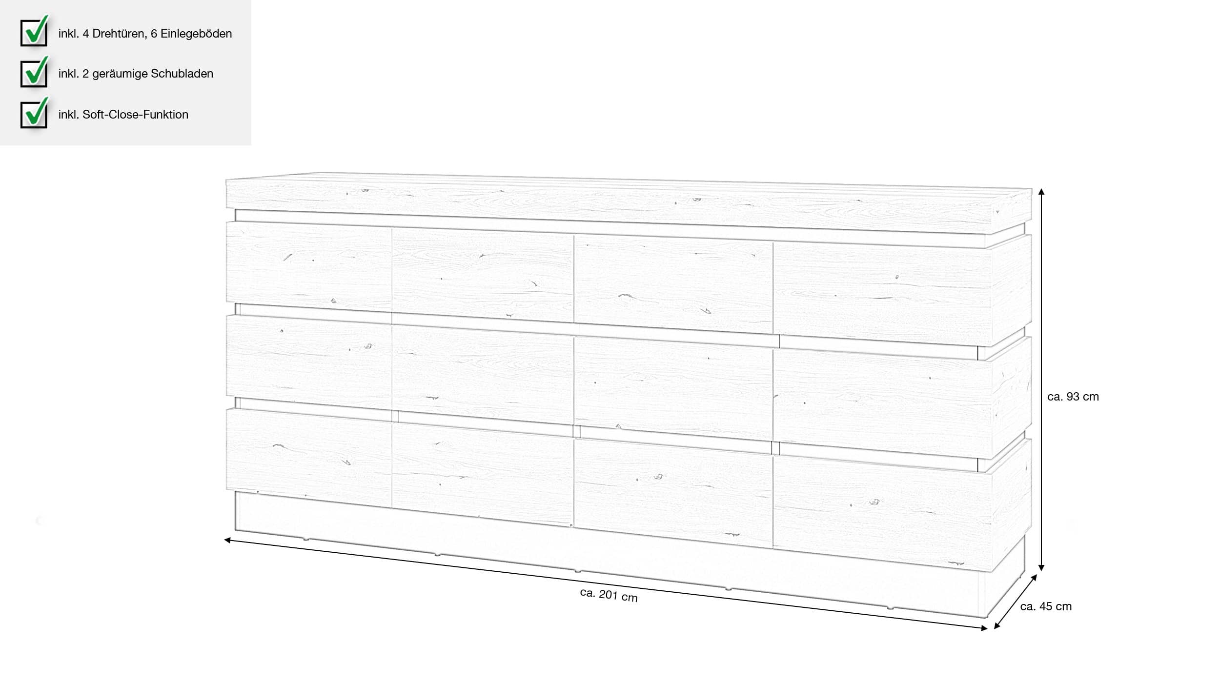 Kommode Coast Evoke Eiche - grau 201 cm - CORTE
