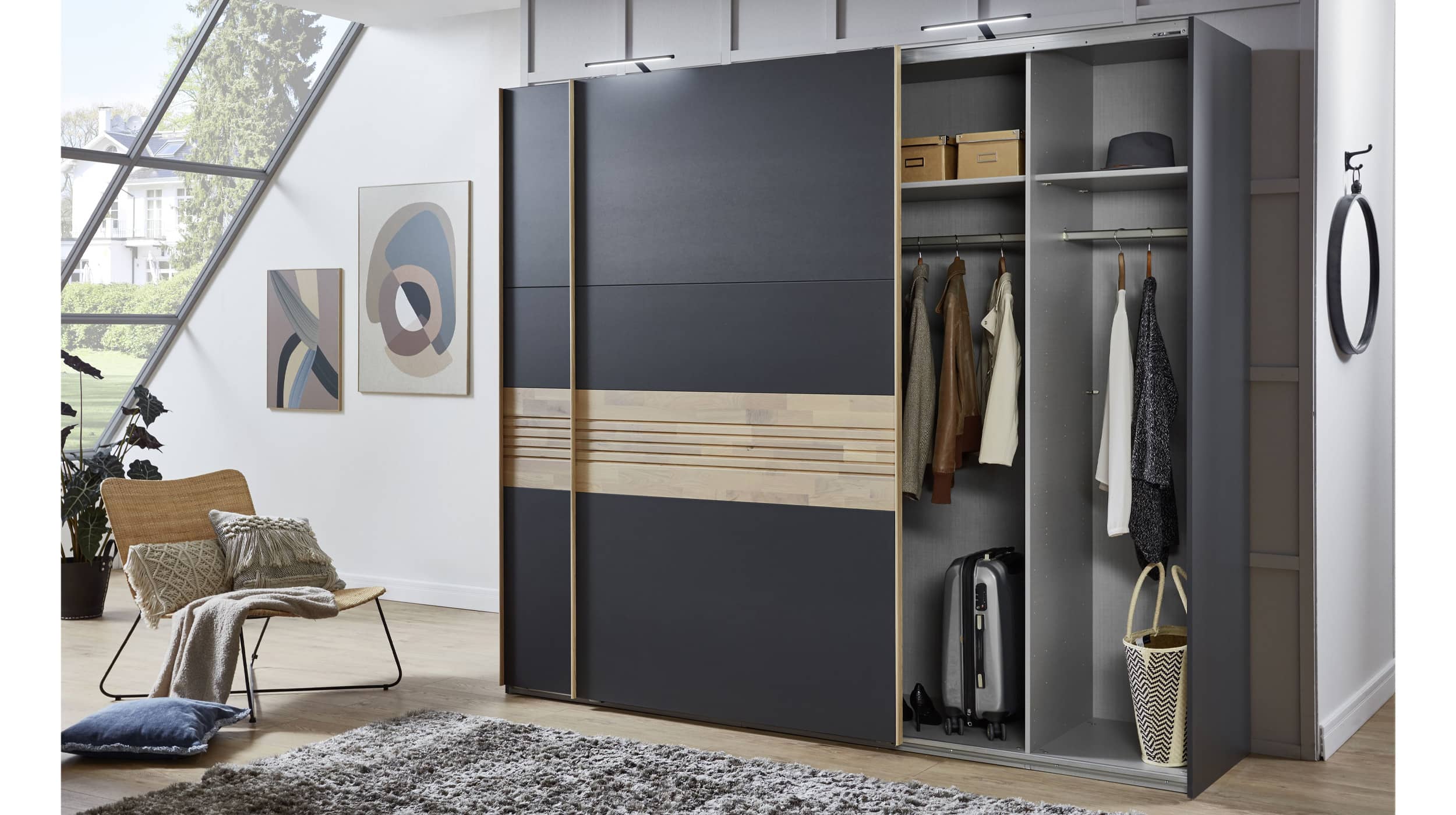 Schwebetürenschrank graphit - Eiche massiv 250 cm - TIROL