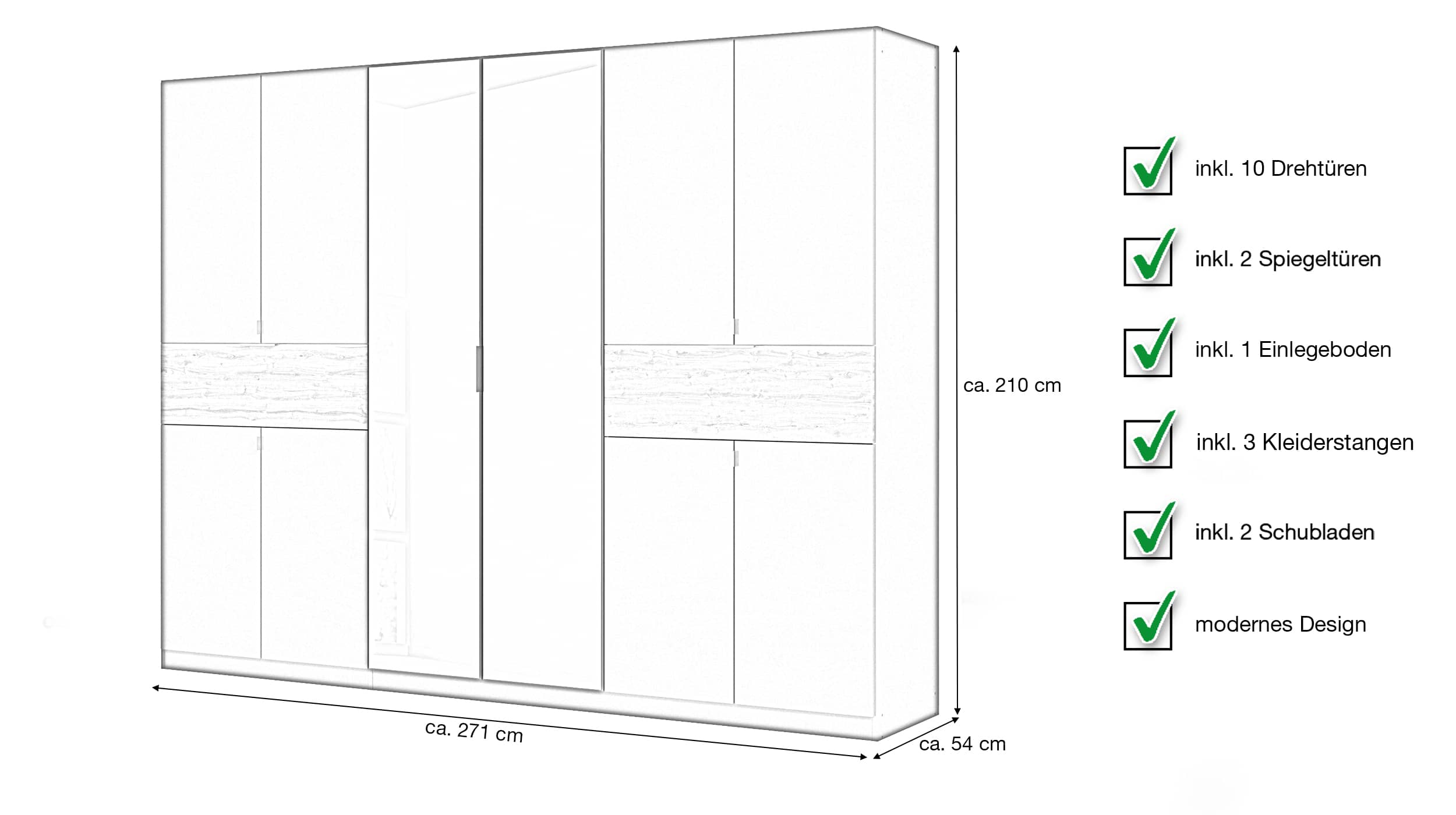 Kleiderschrank Spiegel 271 cm grau-metallic - Eiche - TICAO