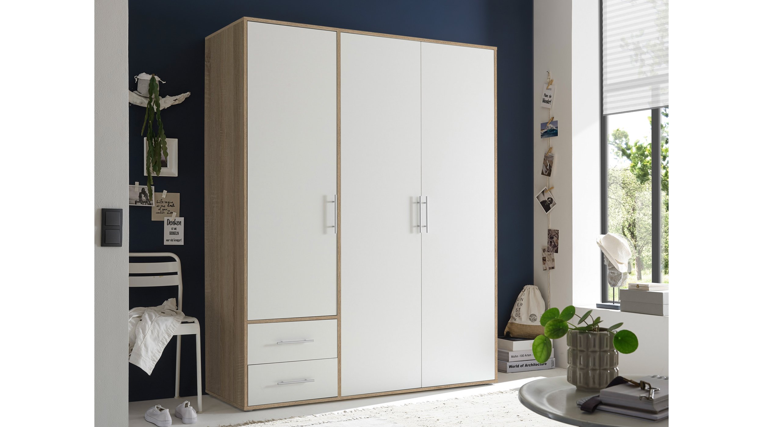 Kleiderschrank weiß - Sonoma Eiche - 155 cm - VALBORG