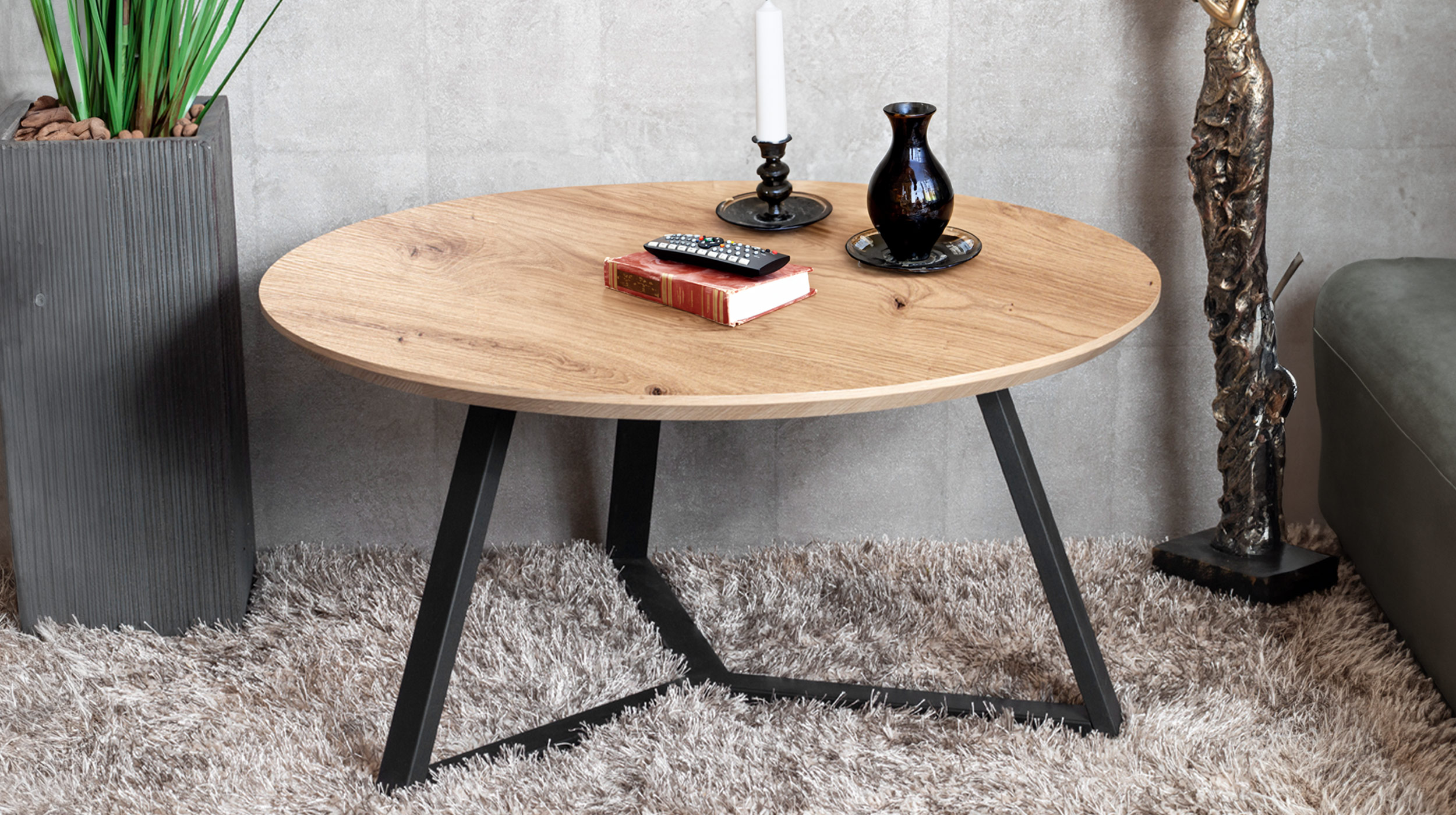 Couchtisch rund 80 cm Eiche Metallgestell schwarz - BERGEN