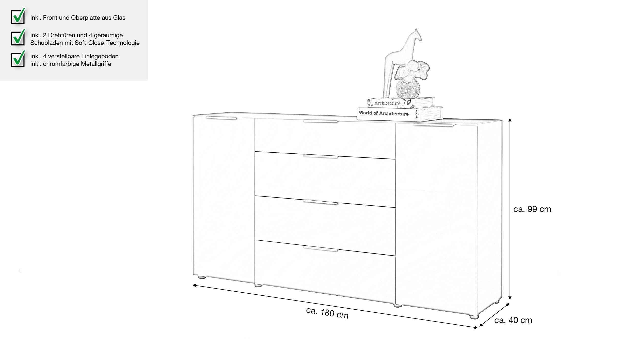 Sideboard 4 Schubladen - weiß - Glasfront - 180 cm - SANTORIN