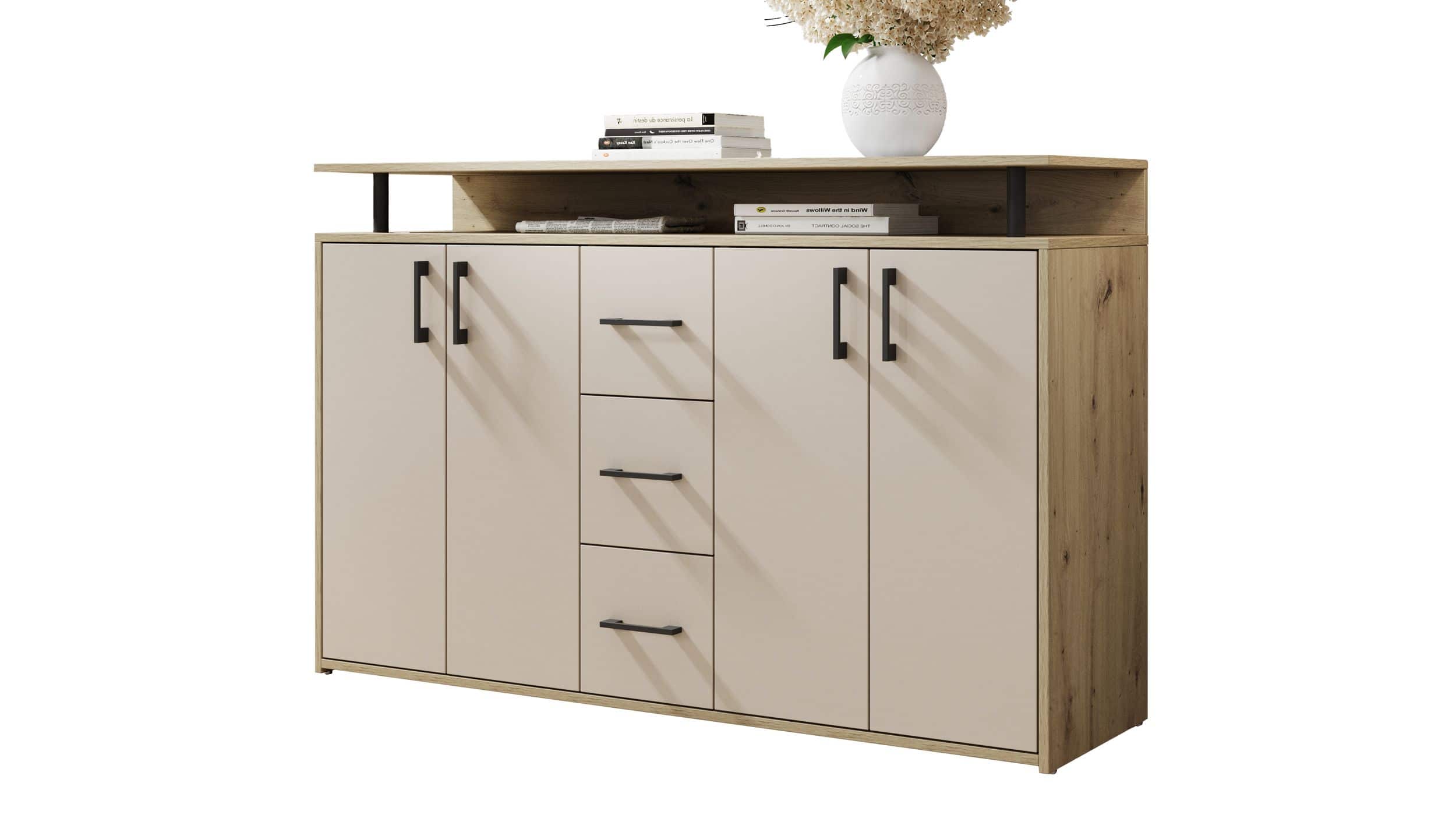 Highboard 4 Türen 3 Schubladen Artisan Eiche beige 139 cm - DRIFT Highboard 4 Türen 3 Schubladen Artisan Eiche beige 139 cm - DRIFT