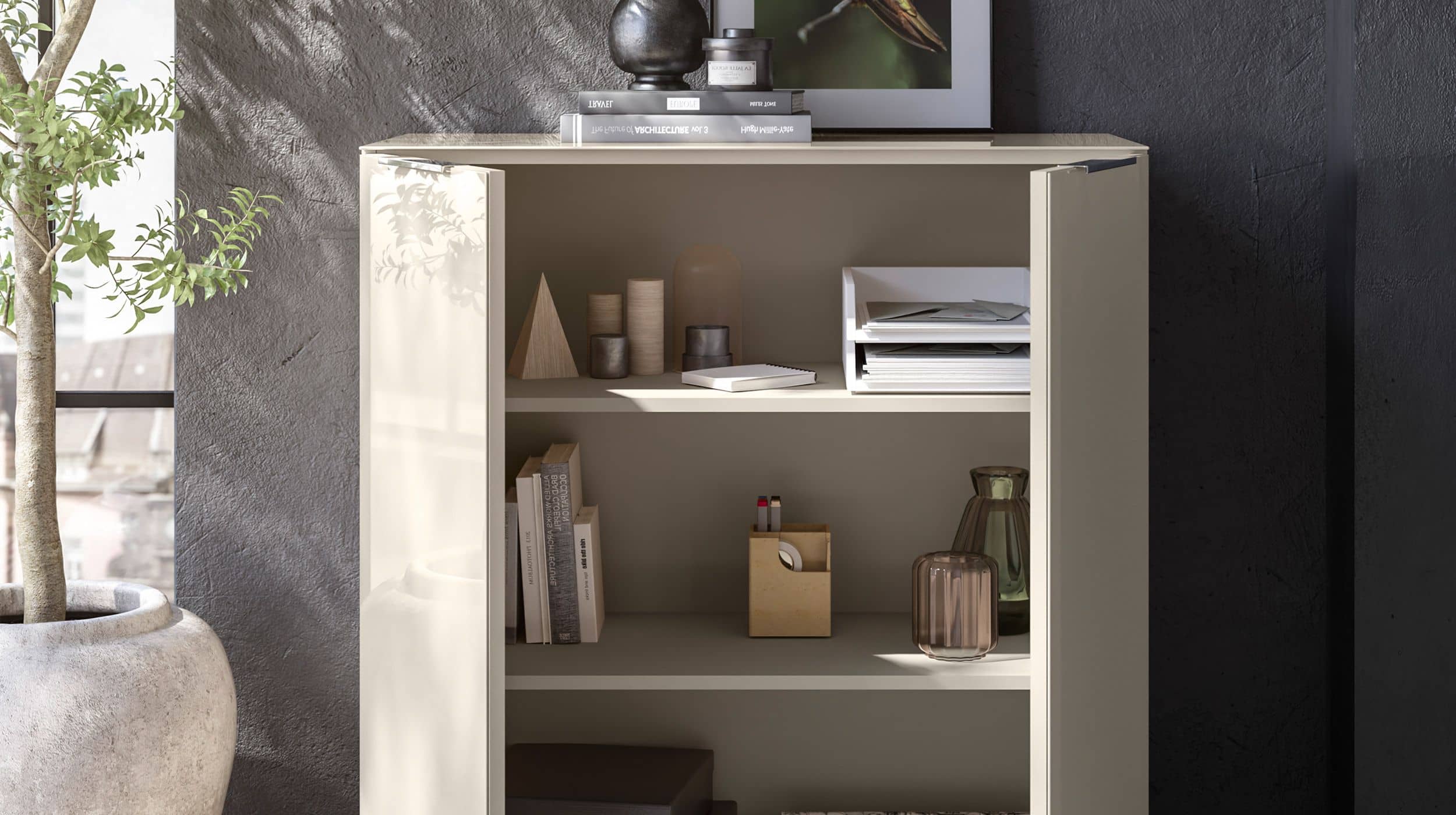 Kommode - grau - Glasfront - 90 x 40 cm - SANTORIN
