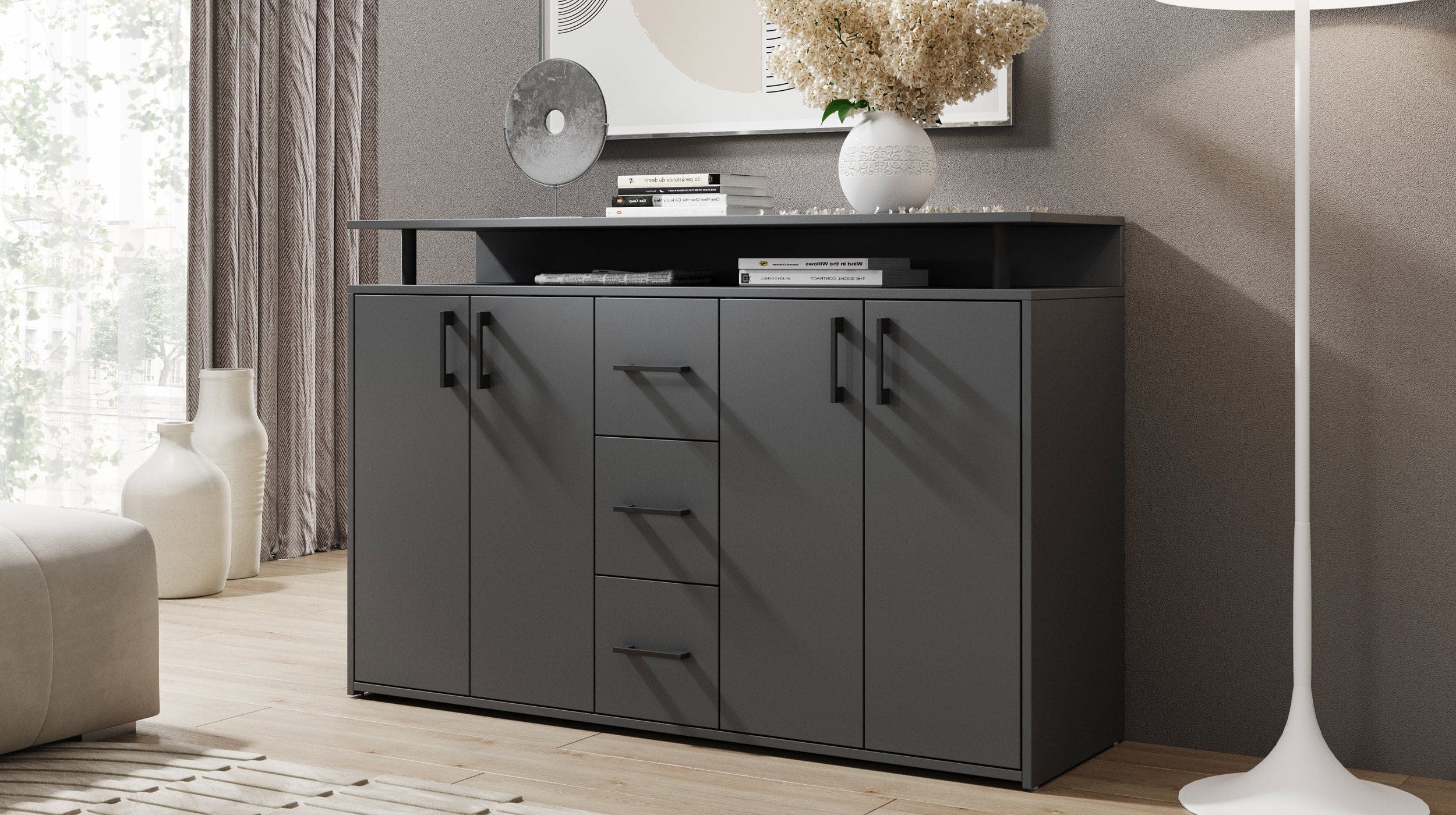 Highboard 4 Türen 3 Schubladen Anthrazit 139 cm - DRIFT