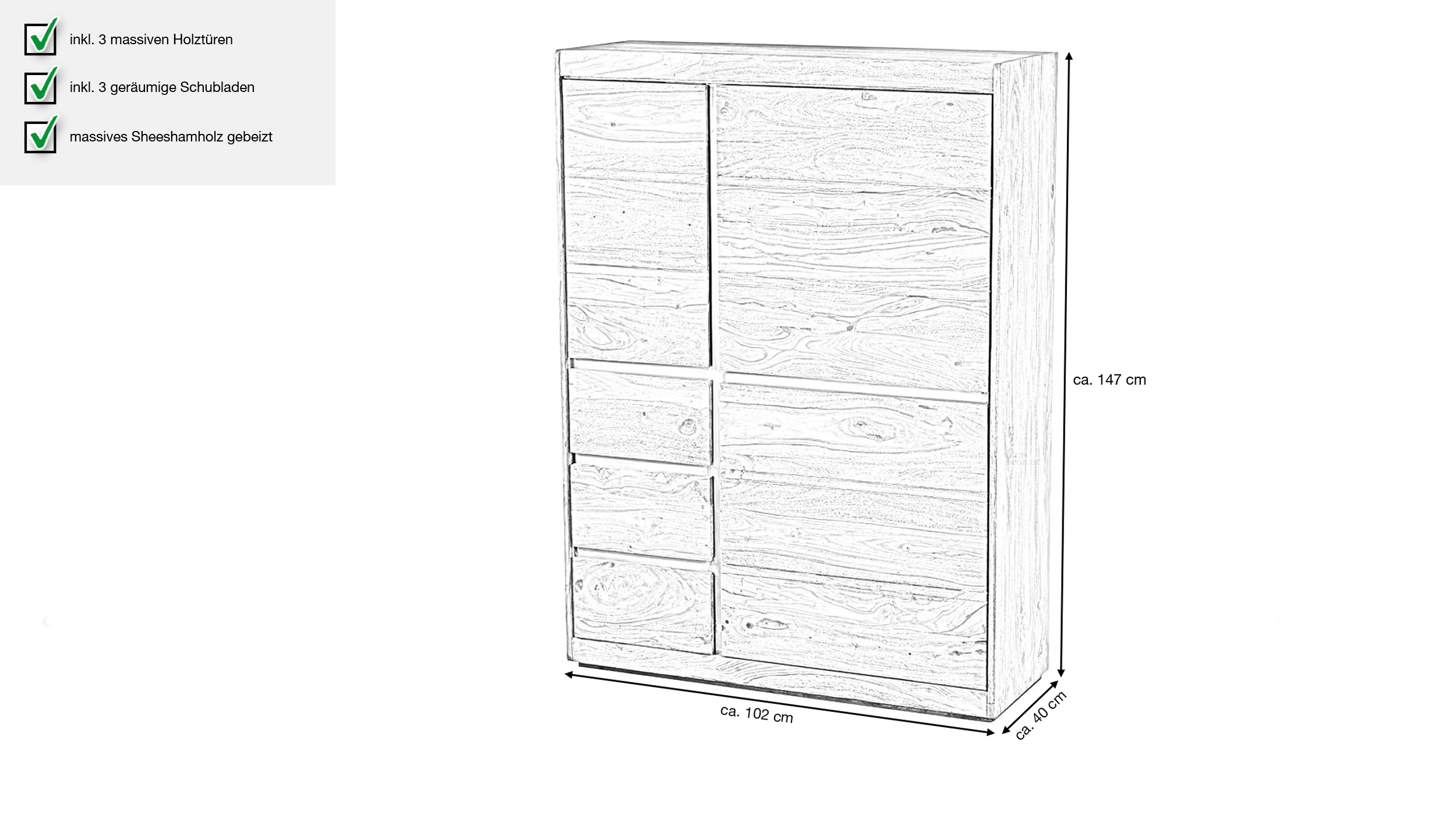 Highboard 3 Türen Sheesham massiv gebeizt 102 cm - SENSO