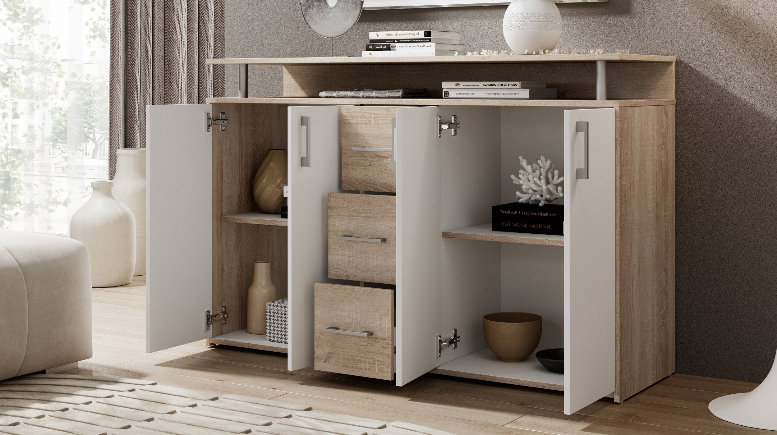Highboard Sonoma Eiche - weiß - 4-türig - 139 cm - DRIFT