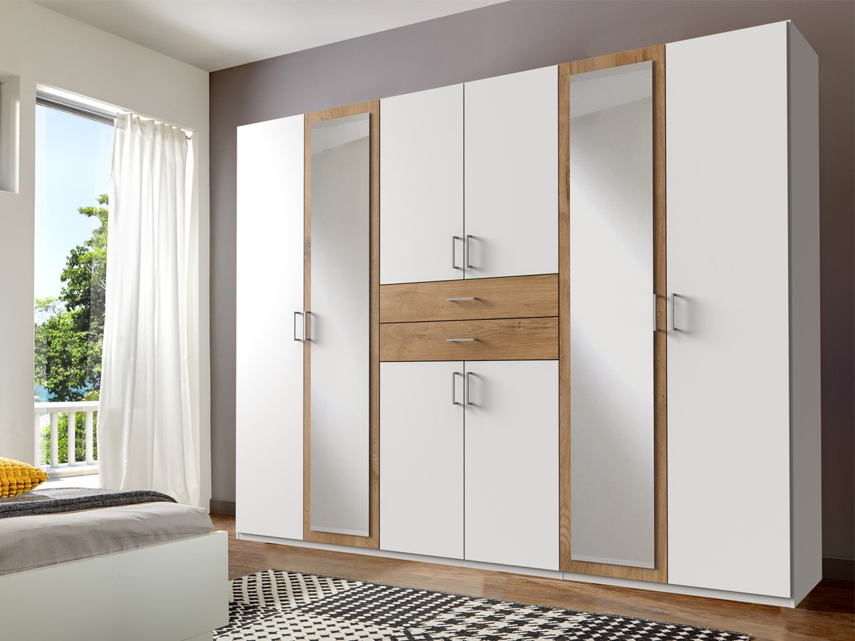 Kleiderschrank Spiegel 270 cm weiß - Plankeneiche - DIVER