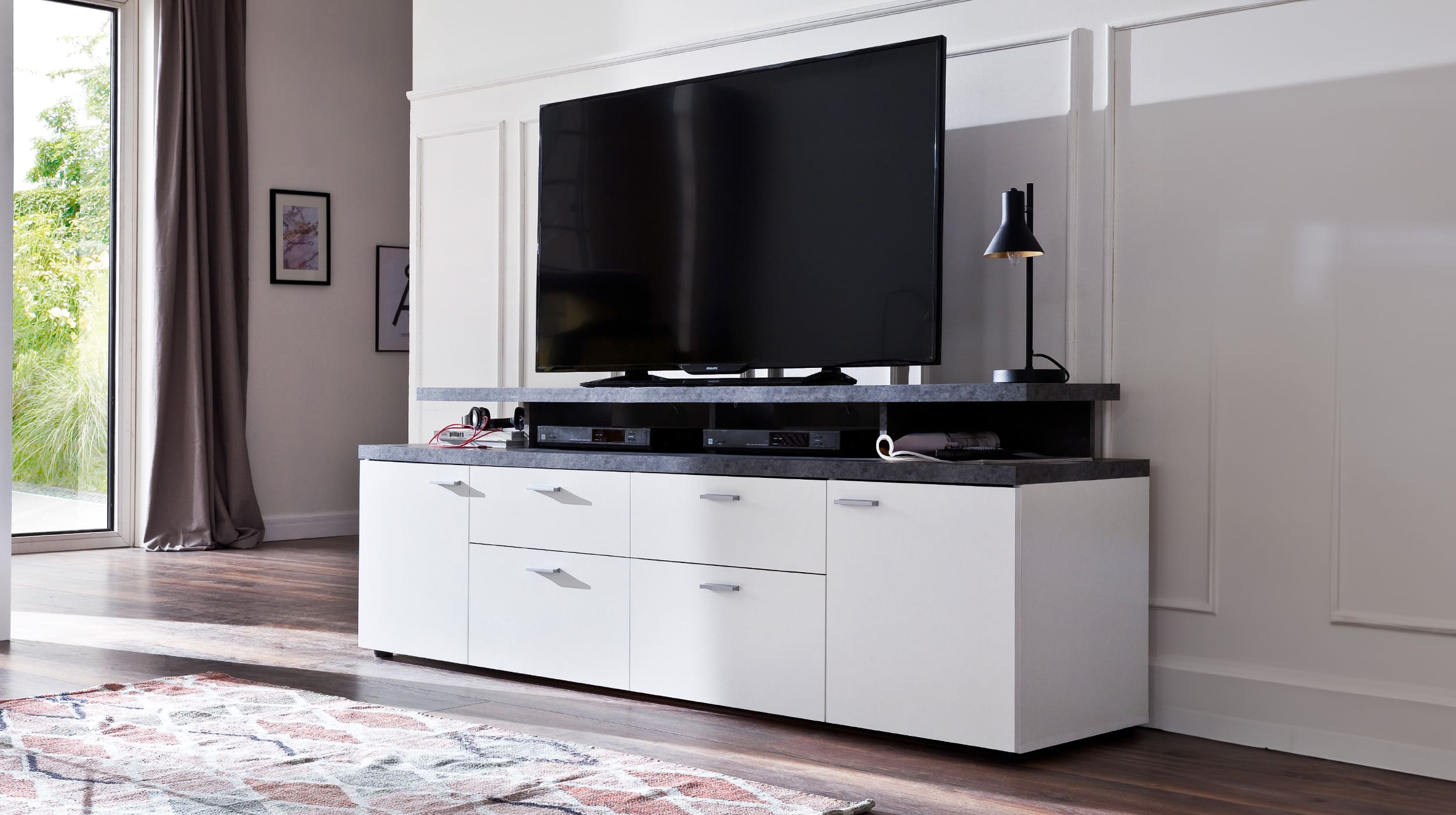 TV-Lowboard weiß - Stone dunkel 180 cm - MOOD