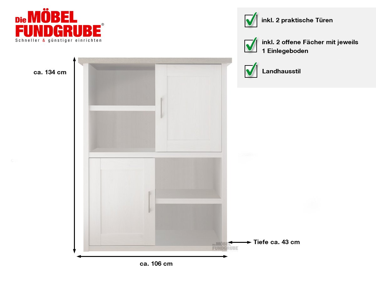 Highboard mit 2 Türen Pinie weiß - Trüffel 106 cm - LUCA