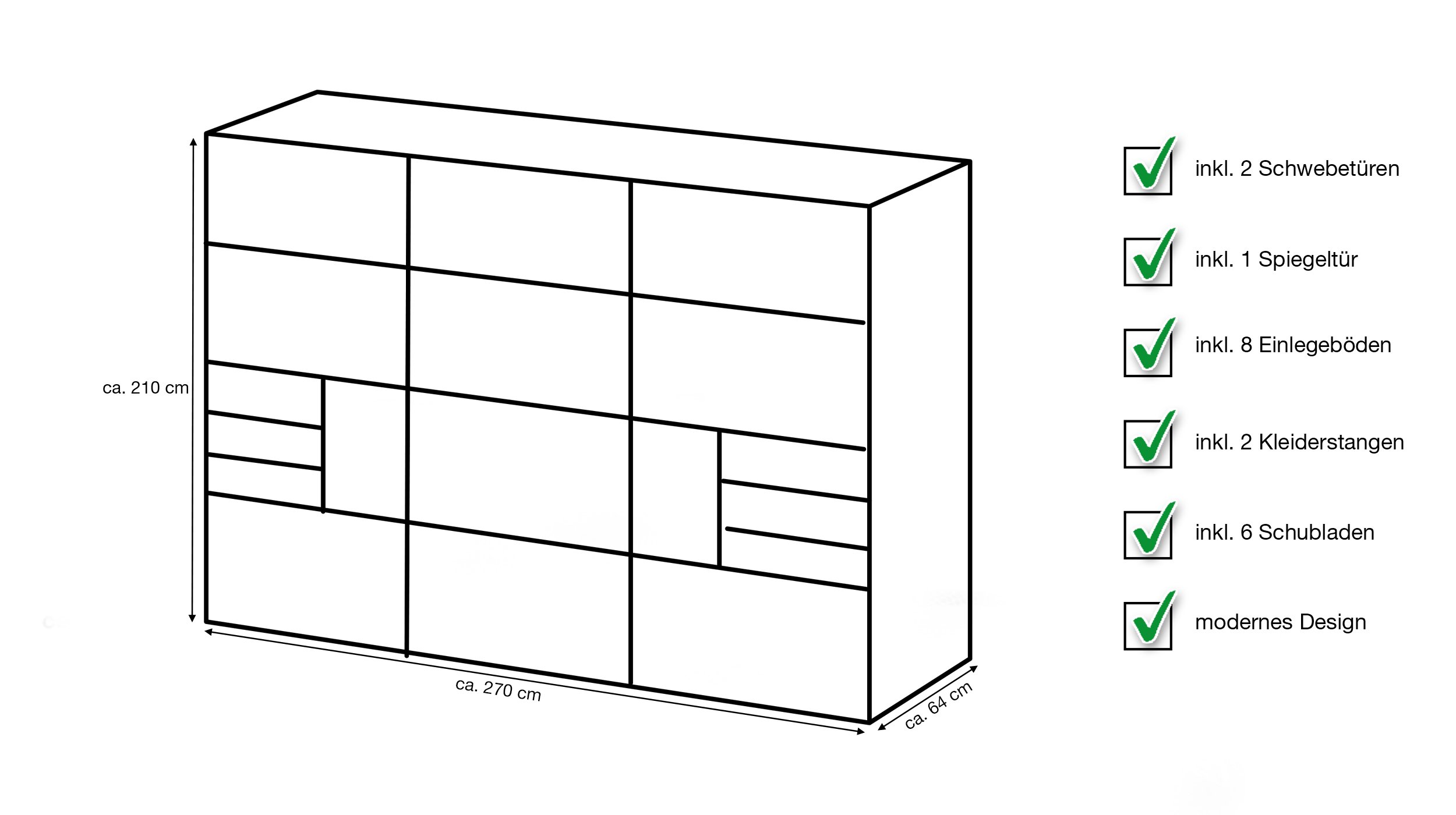 Schwebetürenschrank weiß 270 cm mit Spiegel - SAIGON