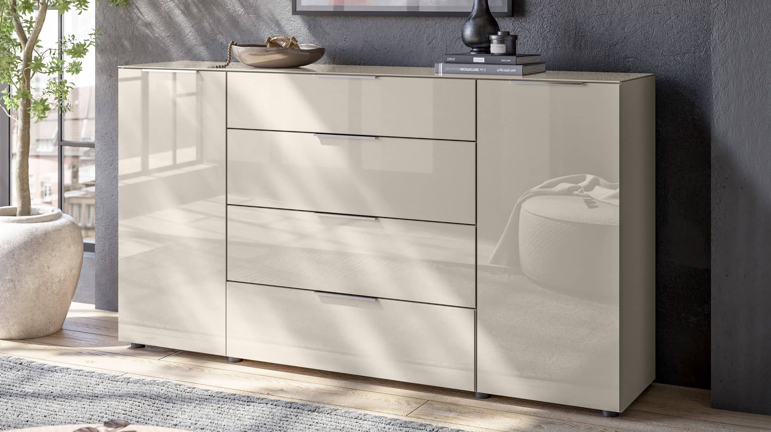 Sideboard 4 Schubladen - grau - Glasfront - 180 cm - SANTORIN