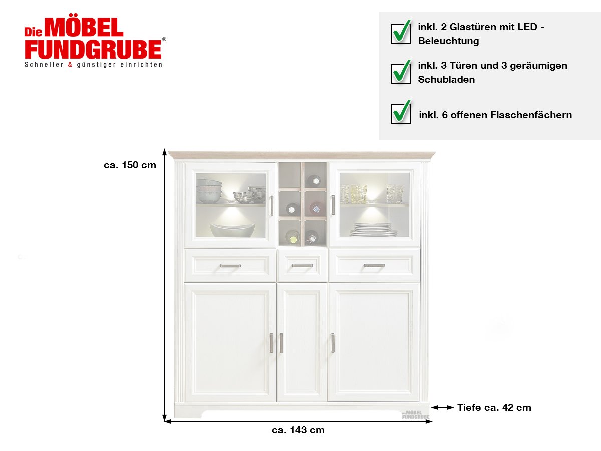 Highboard Pinie weiß - Artisan Eiche 150 cm - JASMIN