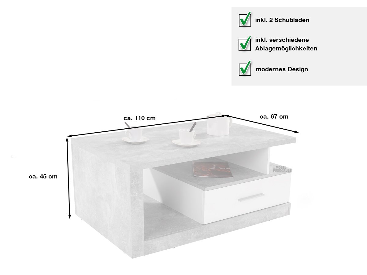 Couchtisch in Betonoptik - weiß 110 cm - IGUAN