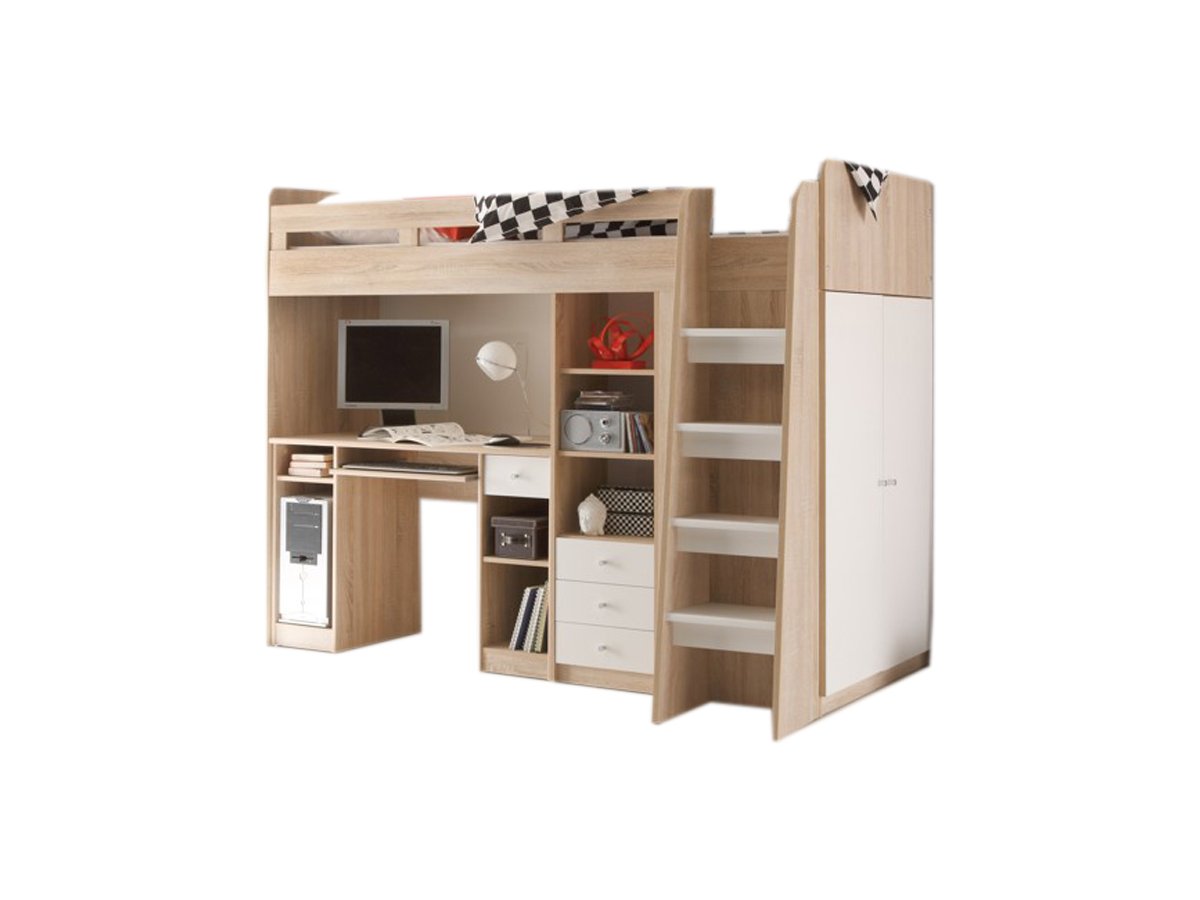 Hochbett mit Schreibtisch 90 x 200 cm Sonoma Eiche - weiß Kinderbett - UNIT Hochbett mit Schreibtisch 90 x 200 cm Sonoma Eiche - weiß Kinderbett - UNIT