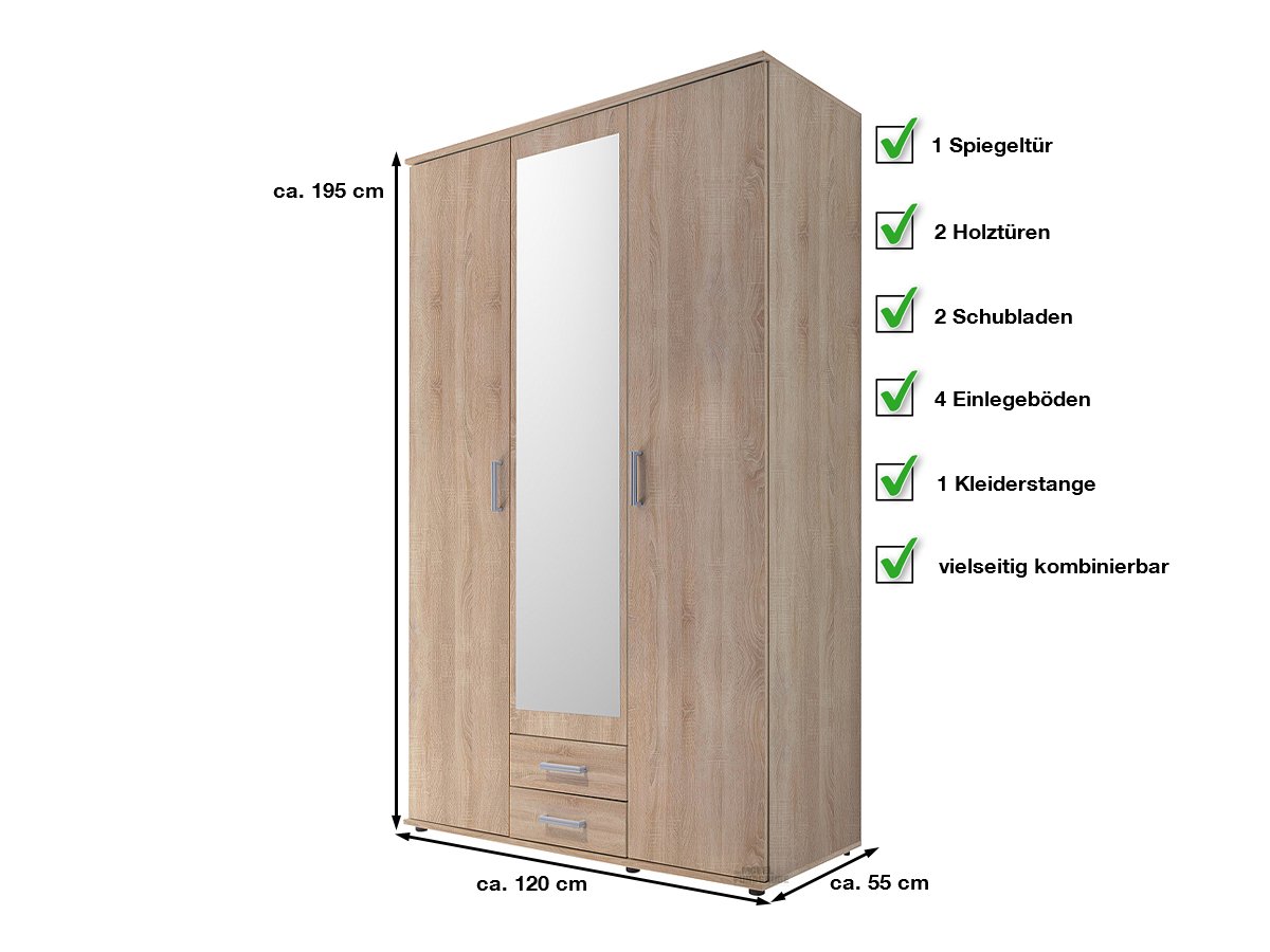 Kleiderschrank mit Spiegel - Sonoma Eiche - 120 cm - KARL