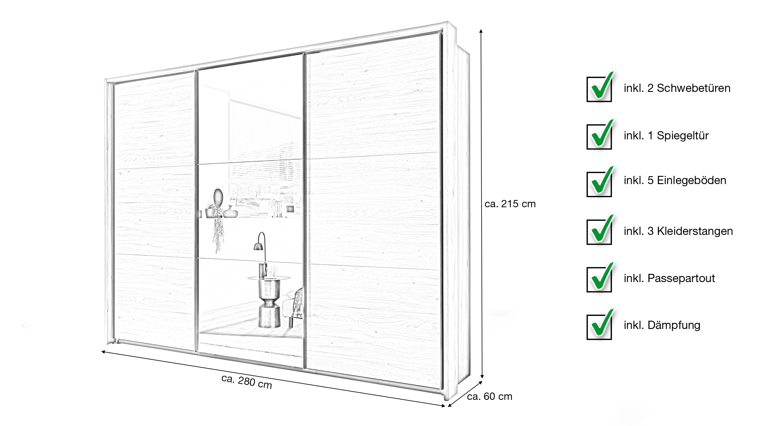 Schwebetürenschrank mit Spiegel 280 cm Eiche - graphit - ASCHAU