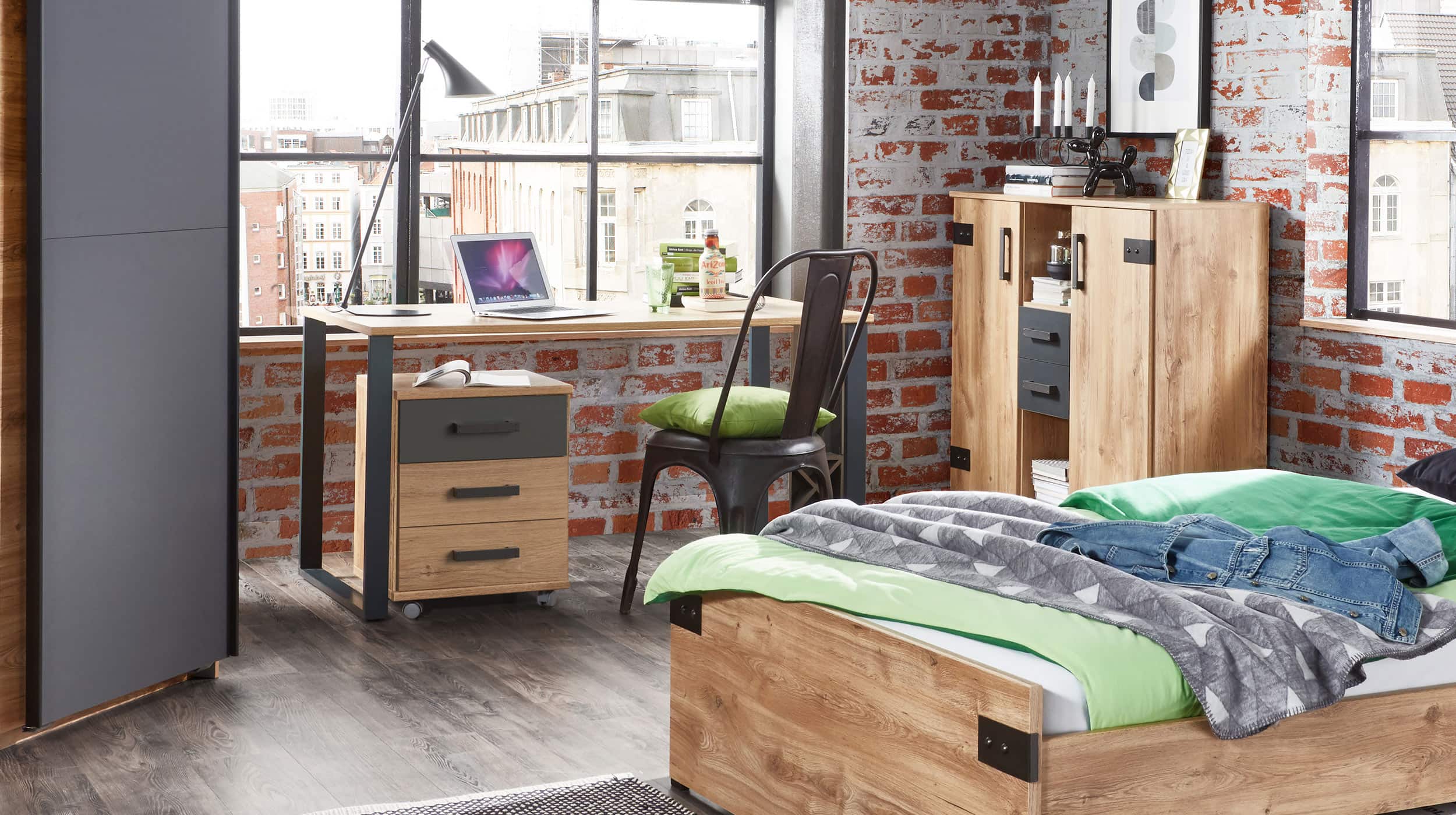 Highboard mit 2 Schubladen Eiche - graphit 124 cm - LIVERPOOL 
