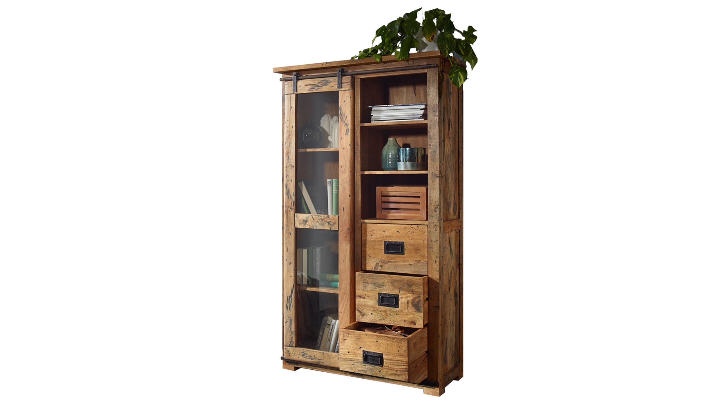 Vitrine mit Schiebetür Mango massiv Breite 100 cm - EMANUEL Vitrine Glasrolltür Massivholz Mango 175 cm - EMANUEL