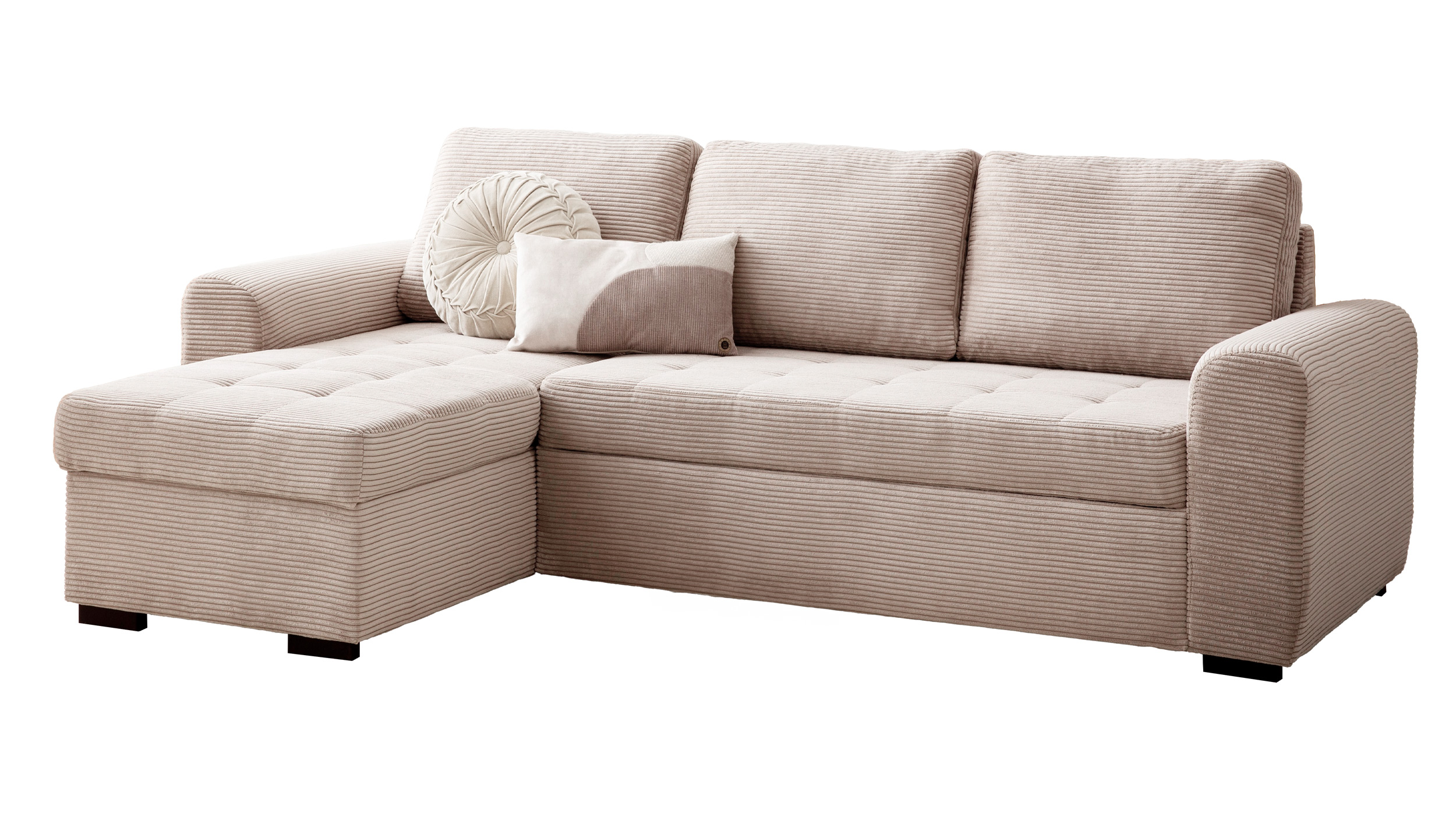 Ecksofa Cord beige mit Schlaffunktion 243 cm - Bettkasten - POLL Ecksofa Cord beige mit Schlaffunktion 243 cm - Bettkasten - POLL