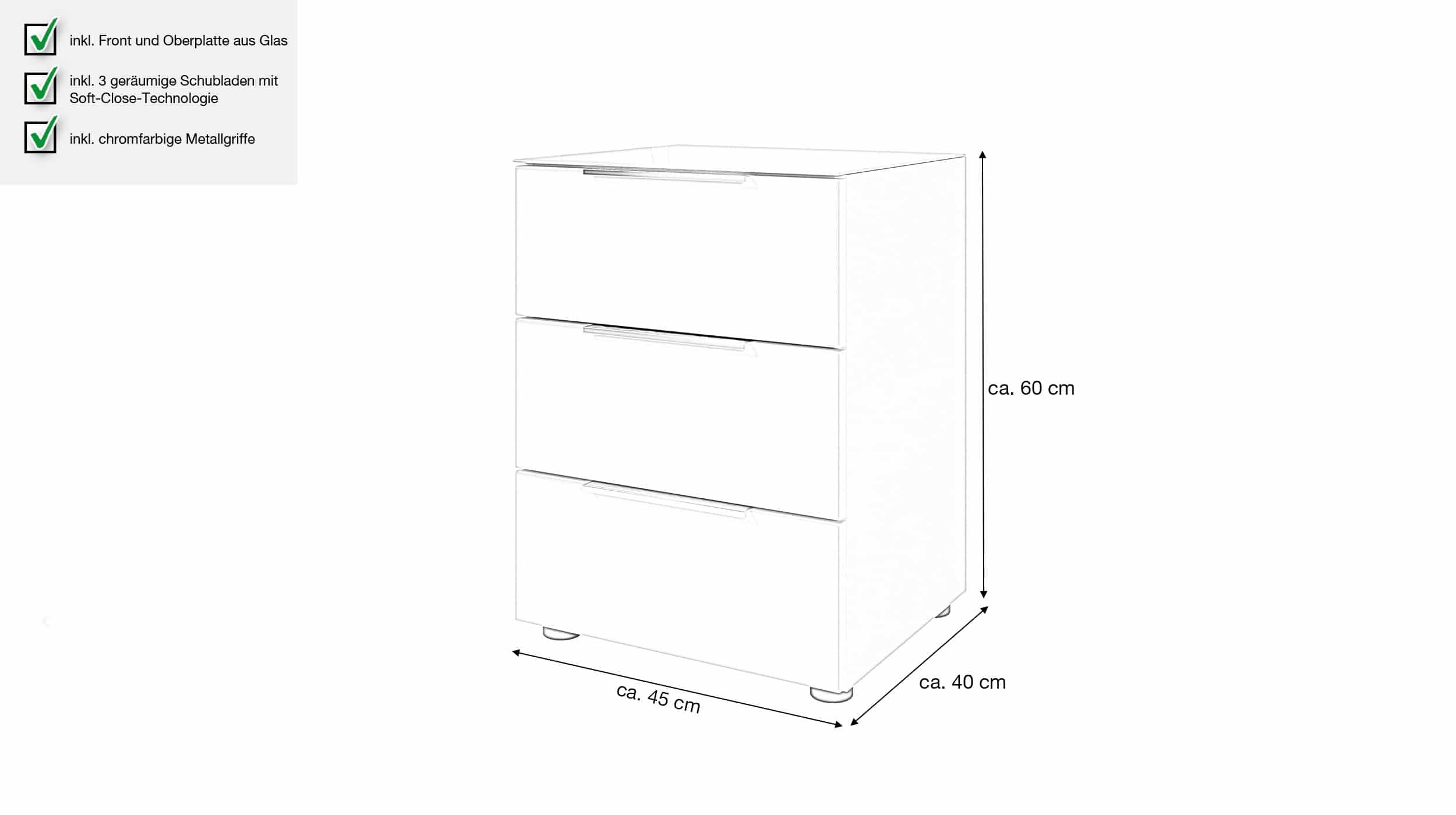 Nachttisch grau - Glasfront - 45 x 40 cm Nachtkommode - SANTORIN