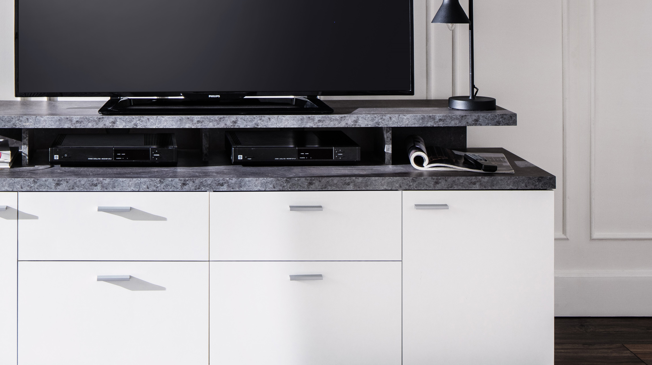 TV-Lowboard weiß - Steinoptik dunkel 180 cm - MOOD