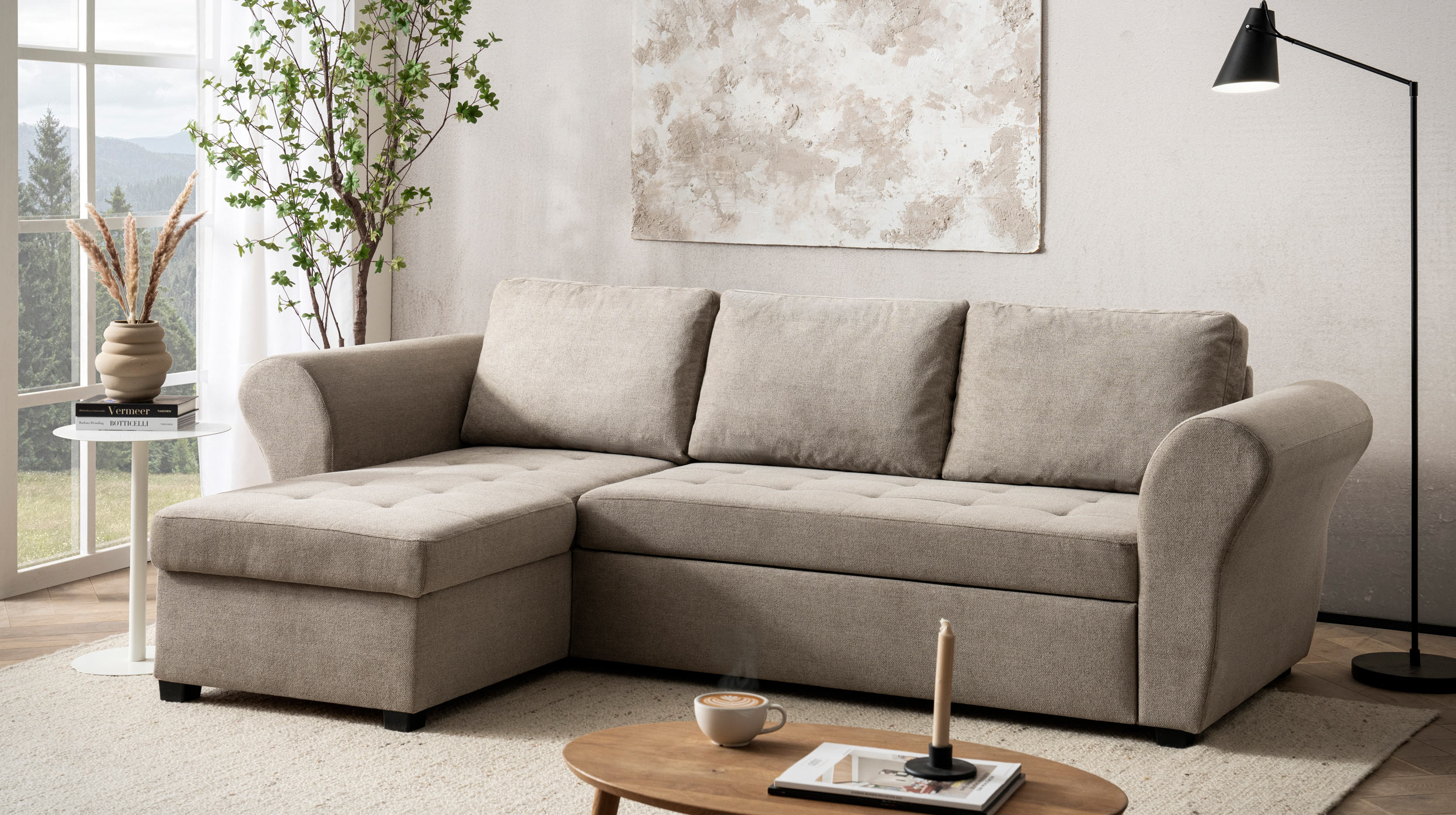 Ecksofa mit Schlaffunktion beige Bettkasten 260 cm - LASSE