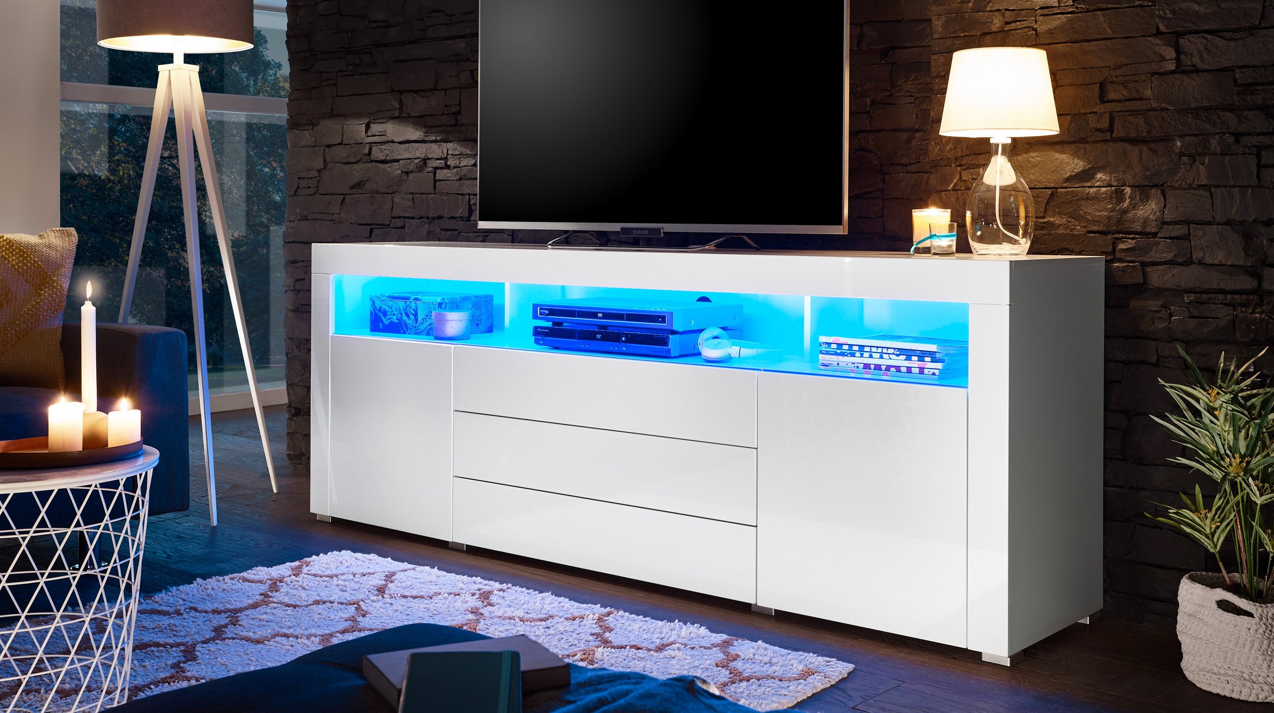 TV - Lowboard weiß hochglanz 200 cm mit Beleuchtung - GOAL