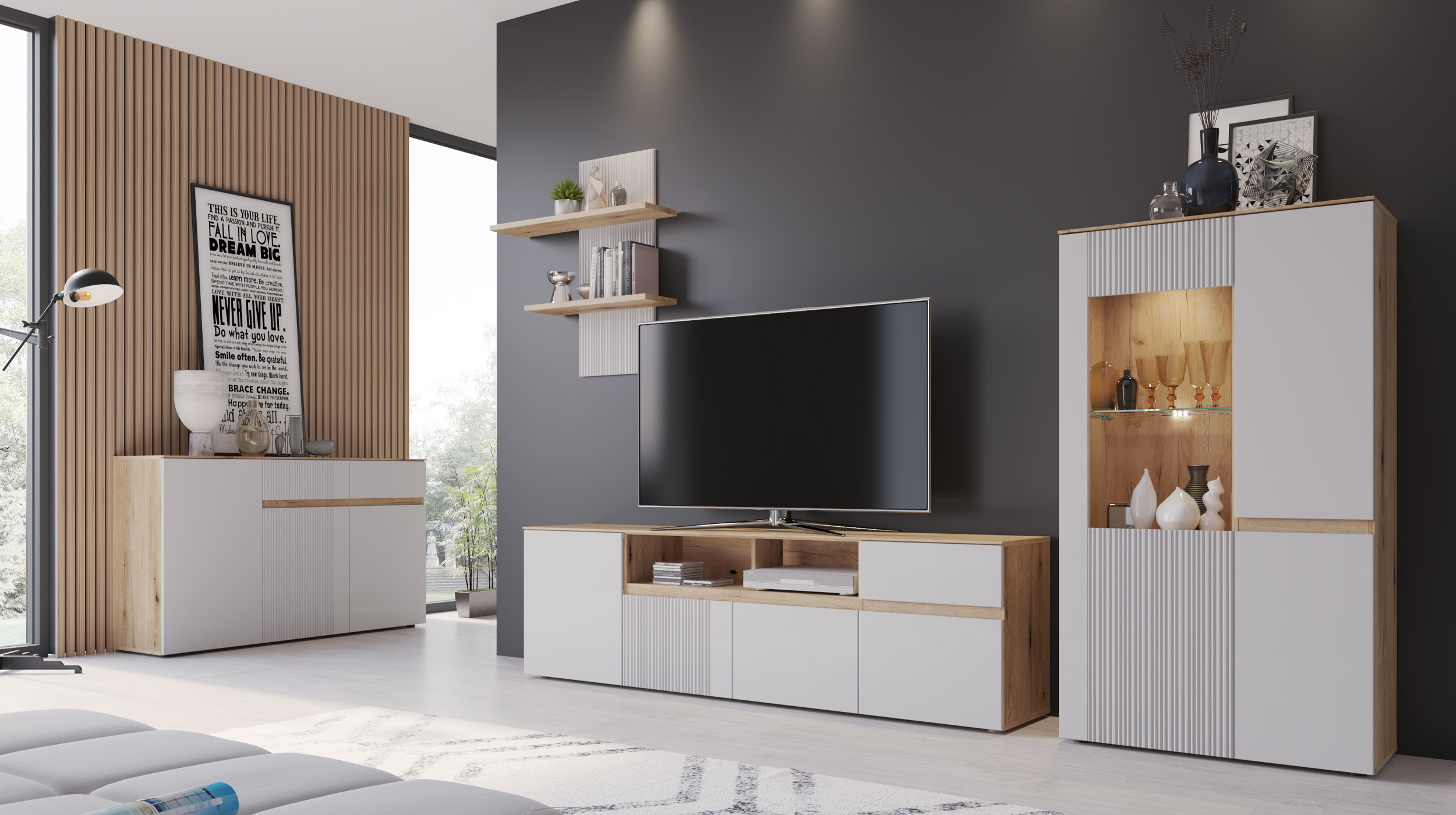 Vitrine mit Glastür grau - Coast Evoke Eiche 152 cm - MANILLA