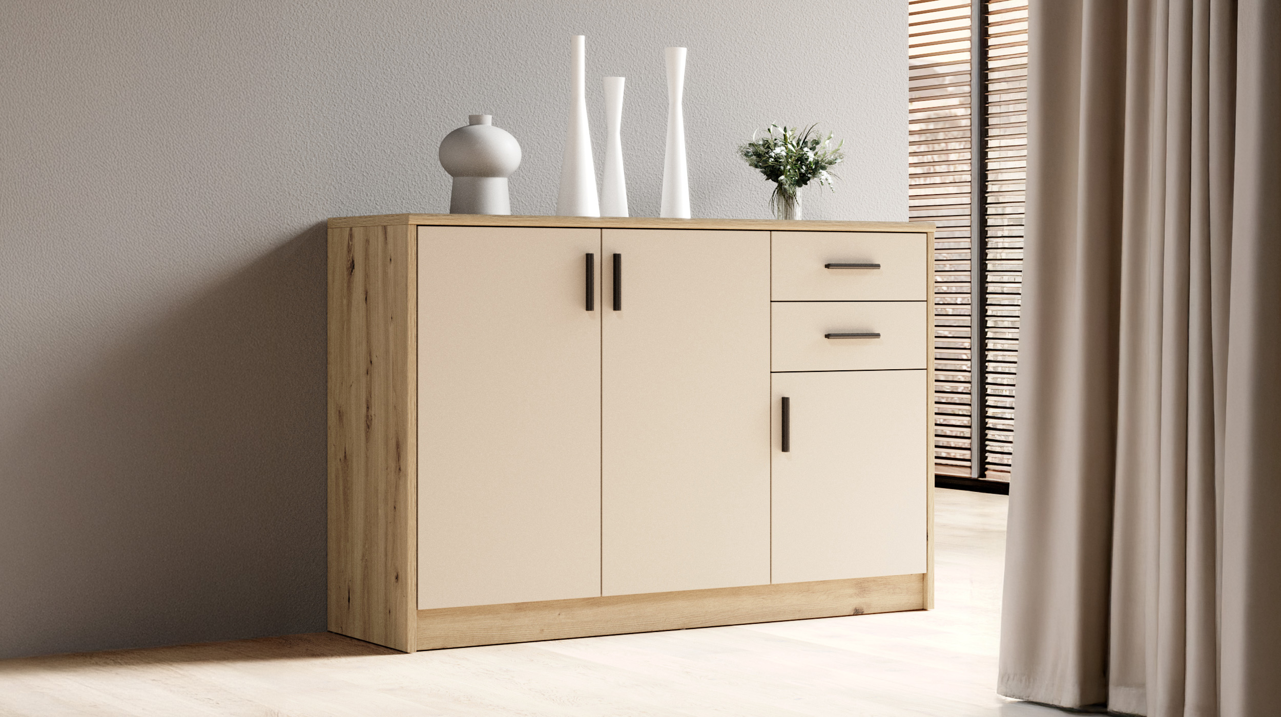 Kommode mit 2 Schubladen beige - Artisan Eiche 109 x 50 cm - NELLY