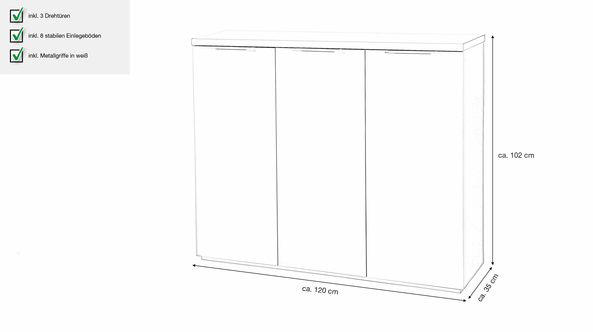 Kommode weiß hochglanz 120 cm 3-türig Metallgriffe - MUNDI