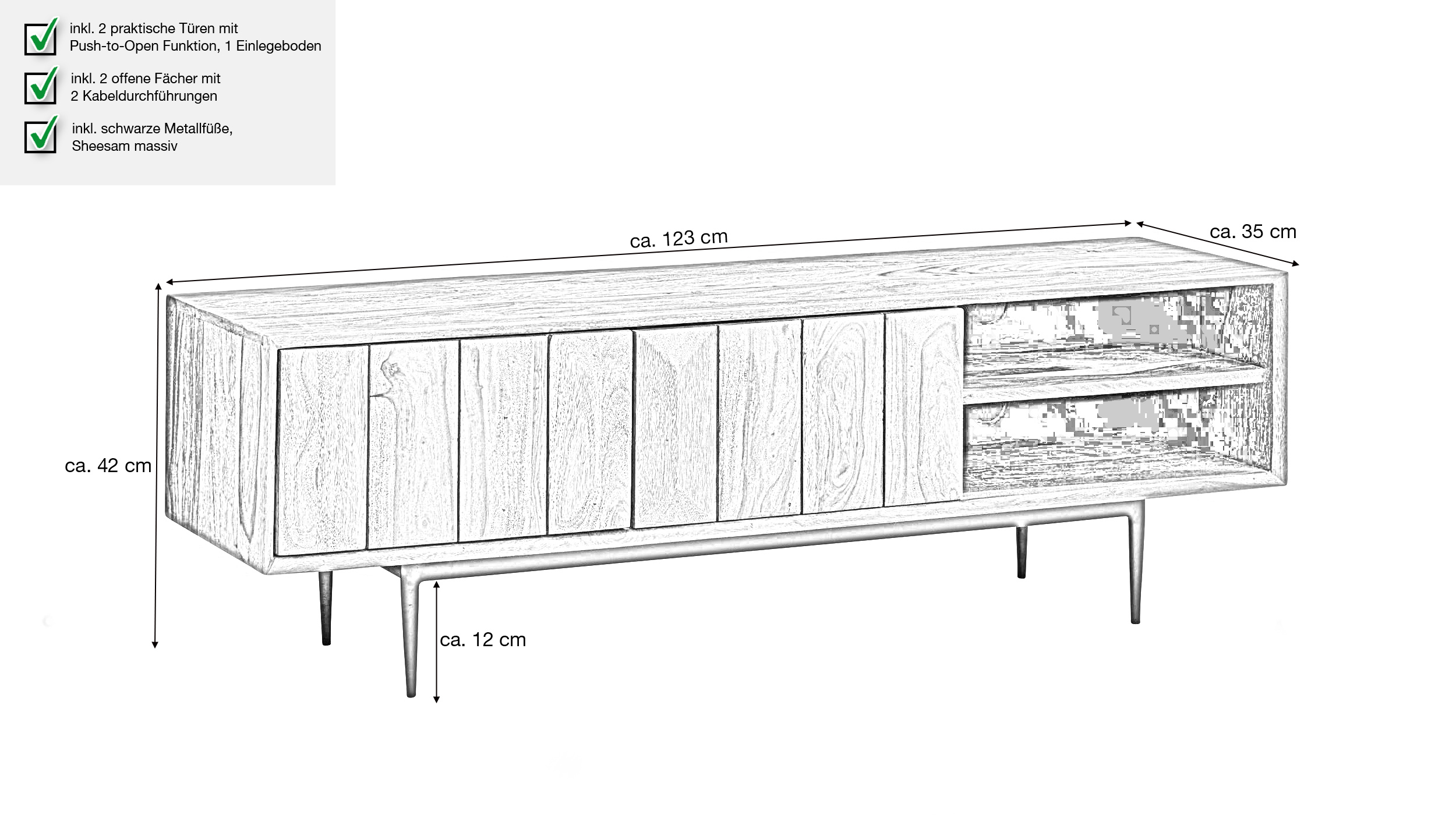 TV-Lowboard Sheesham massiv lackiert 123 cm - STREVA 