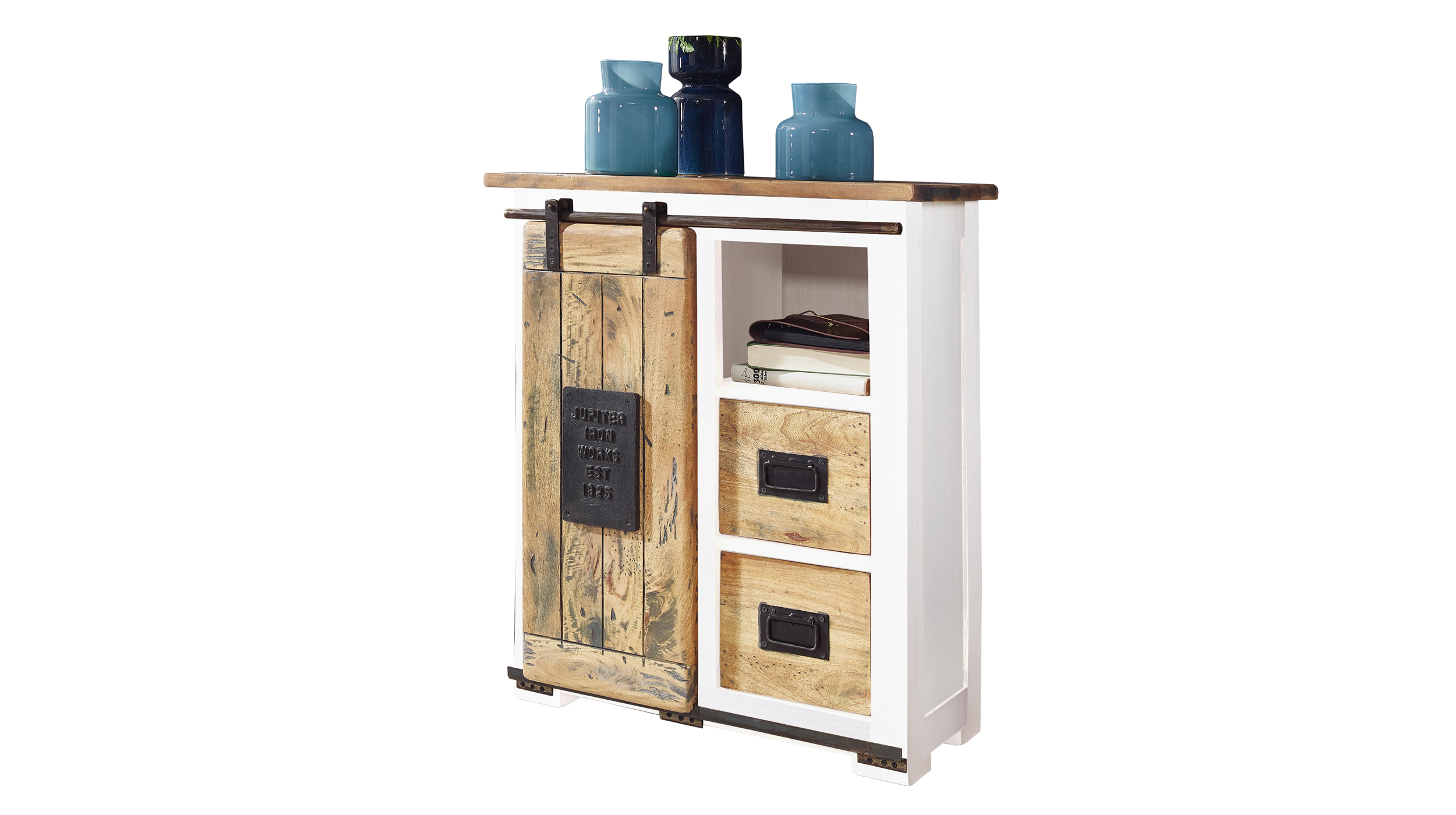 Sideboard mit 1 Rolltür Mango massiv weiß 75 cm - EMANUEL Sideboard mit 1 Rolltür Mango massiv weiß 75 cm - EMANUEL